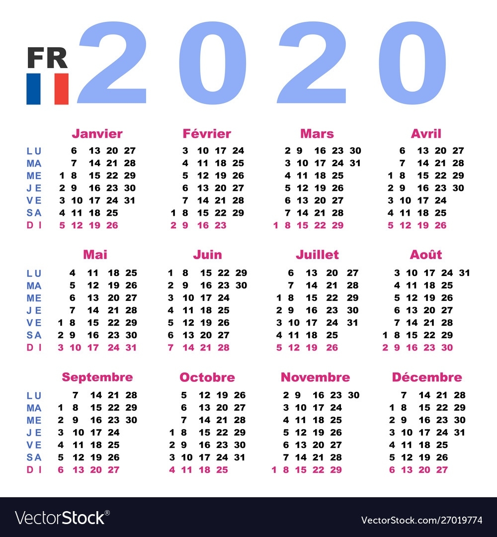 Calendar 2020 In French Horizontal Week Starts 2020 Calendar By Week
