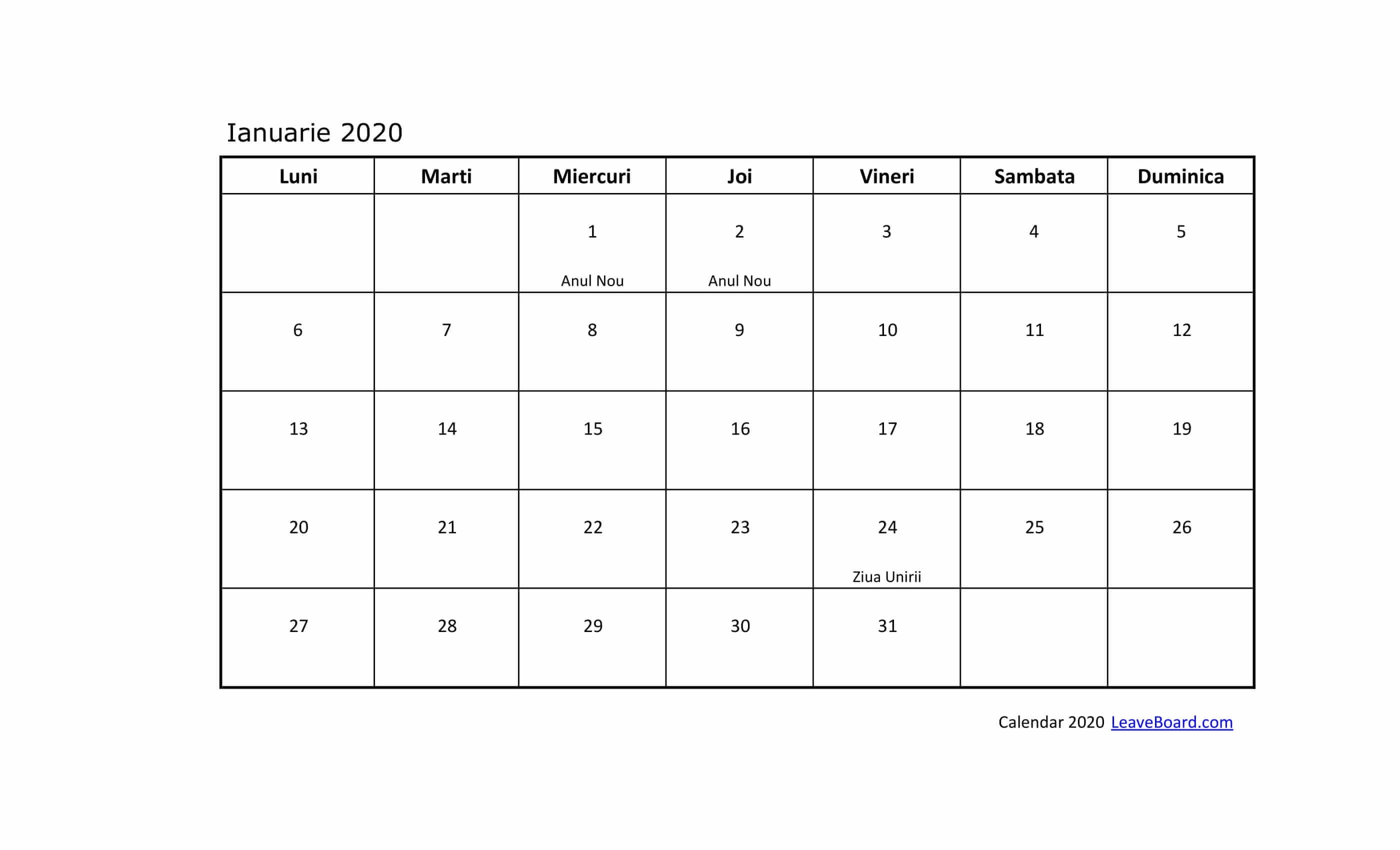 Calendar 2020 | Leaveboard Calendar 2020 In Limba Romana