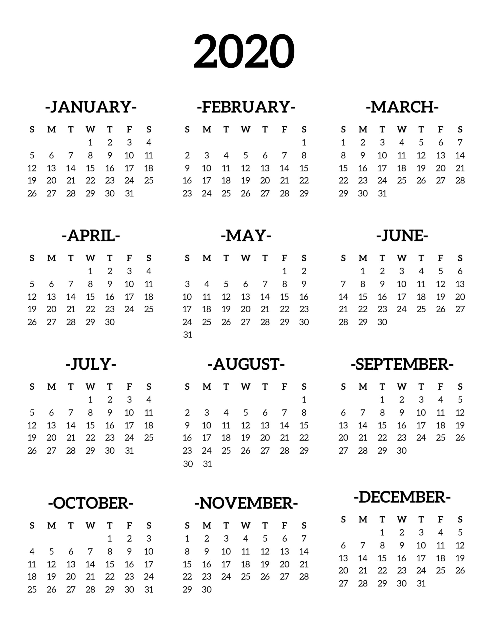 Calendar 2020 Printable One Page - Paper Trail Design 2020 Black And White Printable Calendars