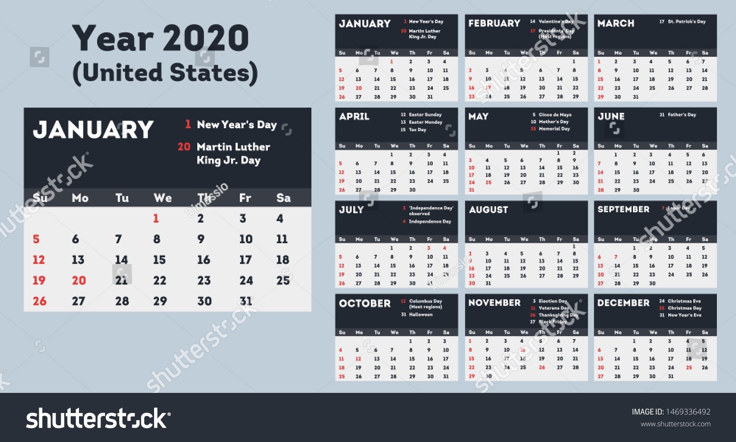 Calendar 2020 Template United States Holidays Stock Vector 2020 Calendar With Holidays And Observances