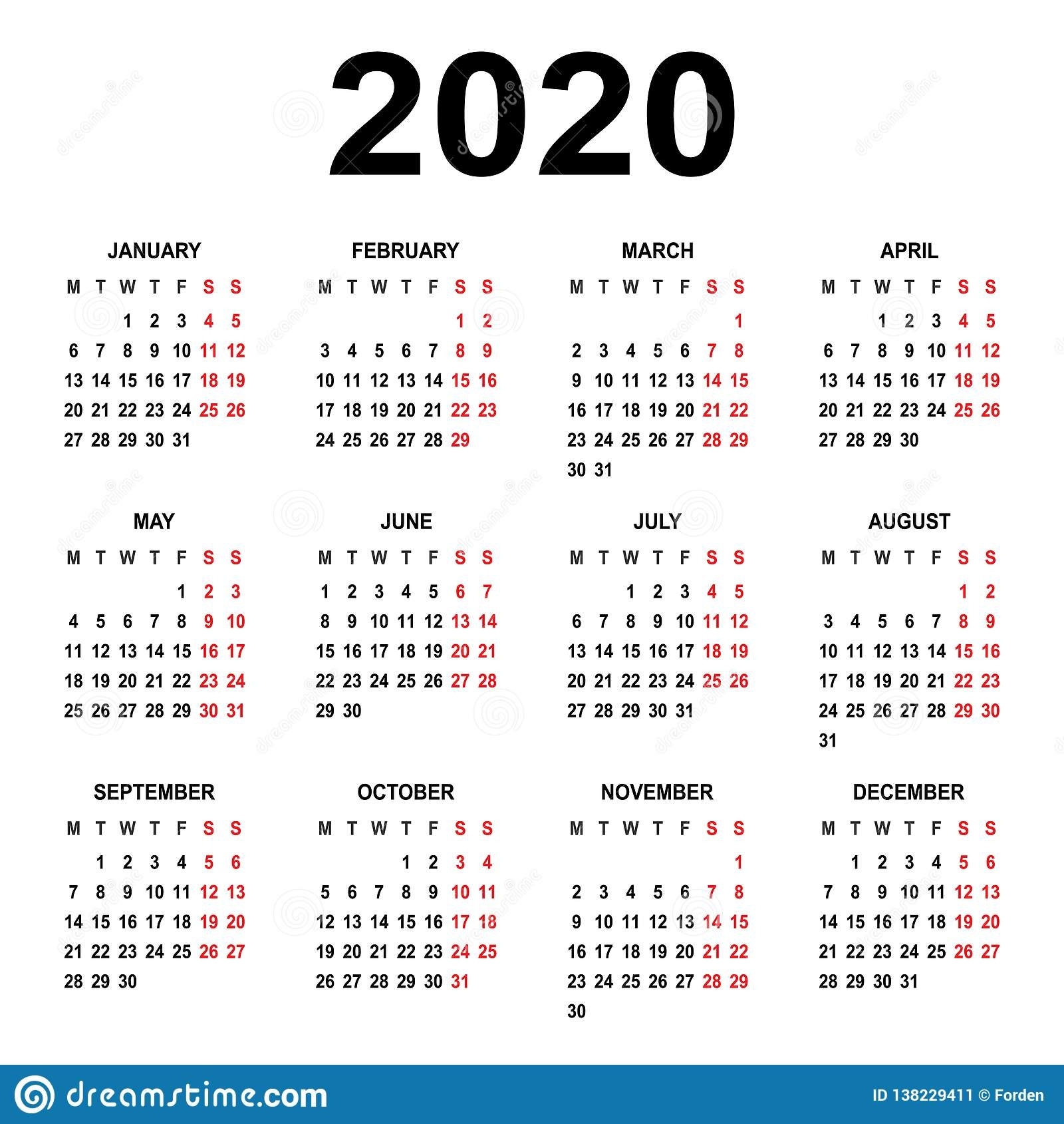 Calendar 2020. Week Starts On Monday. Basic Grid Stock Free Yearly Calendar Start On Monday