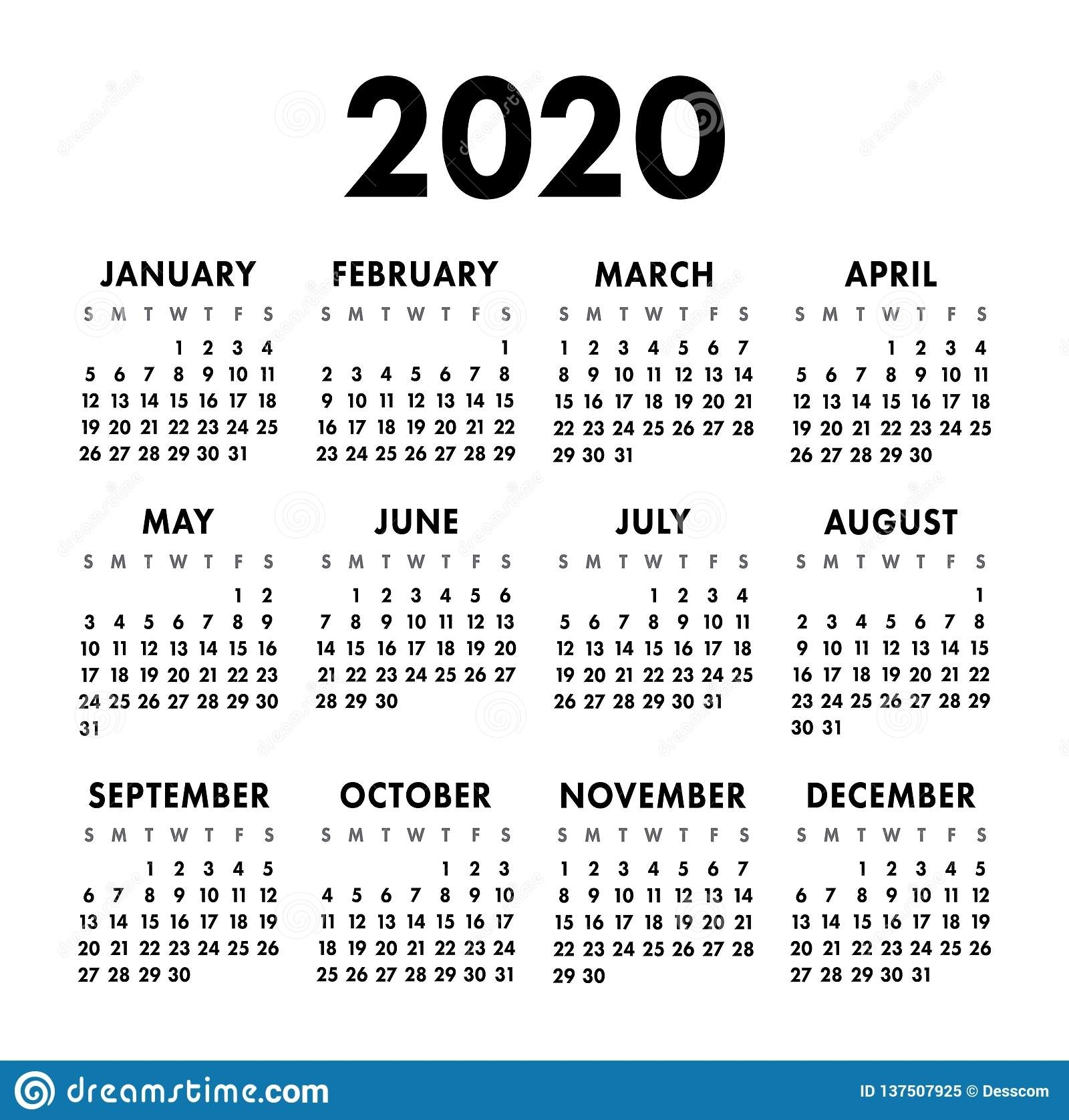 Calendar 2020 Year. Black And White Vector Template. Week Black And White 2020 Calendar Free