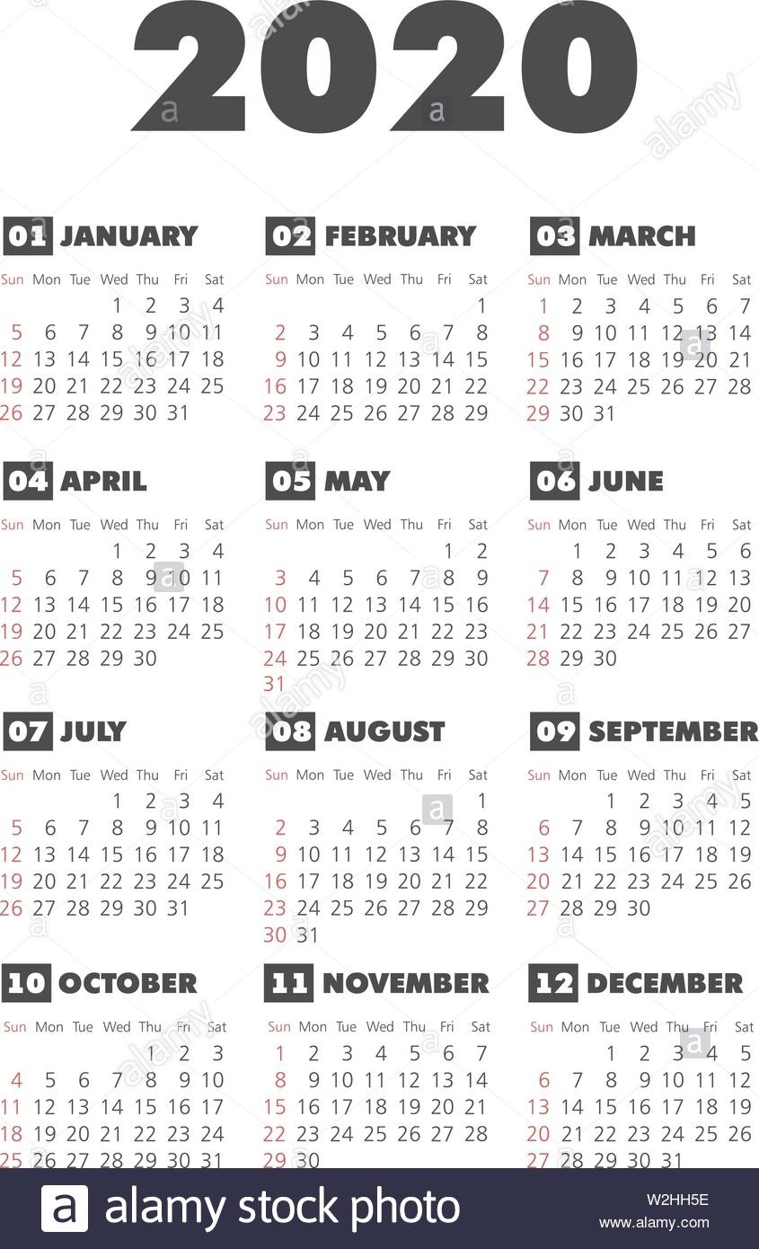 Calendar 2020 Year. Black And White Vector Template. Week Calendar 2020 Black And White