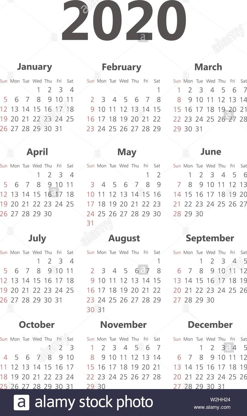 Calendar 2020 Year. Black And White Vector Template. Week Extraordinary Black And White 2020 Calendar