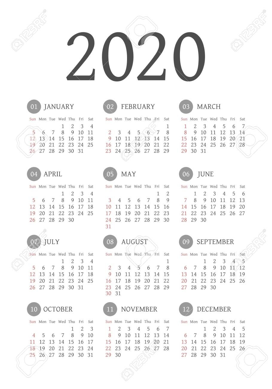 Calendar 2020 Year. Black And White Vector Template. Week Starts.. Black And White 2020 Calendar Free