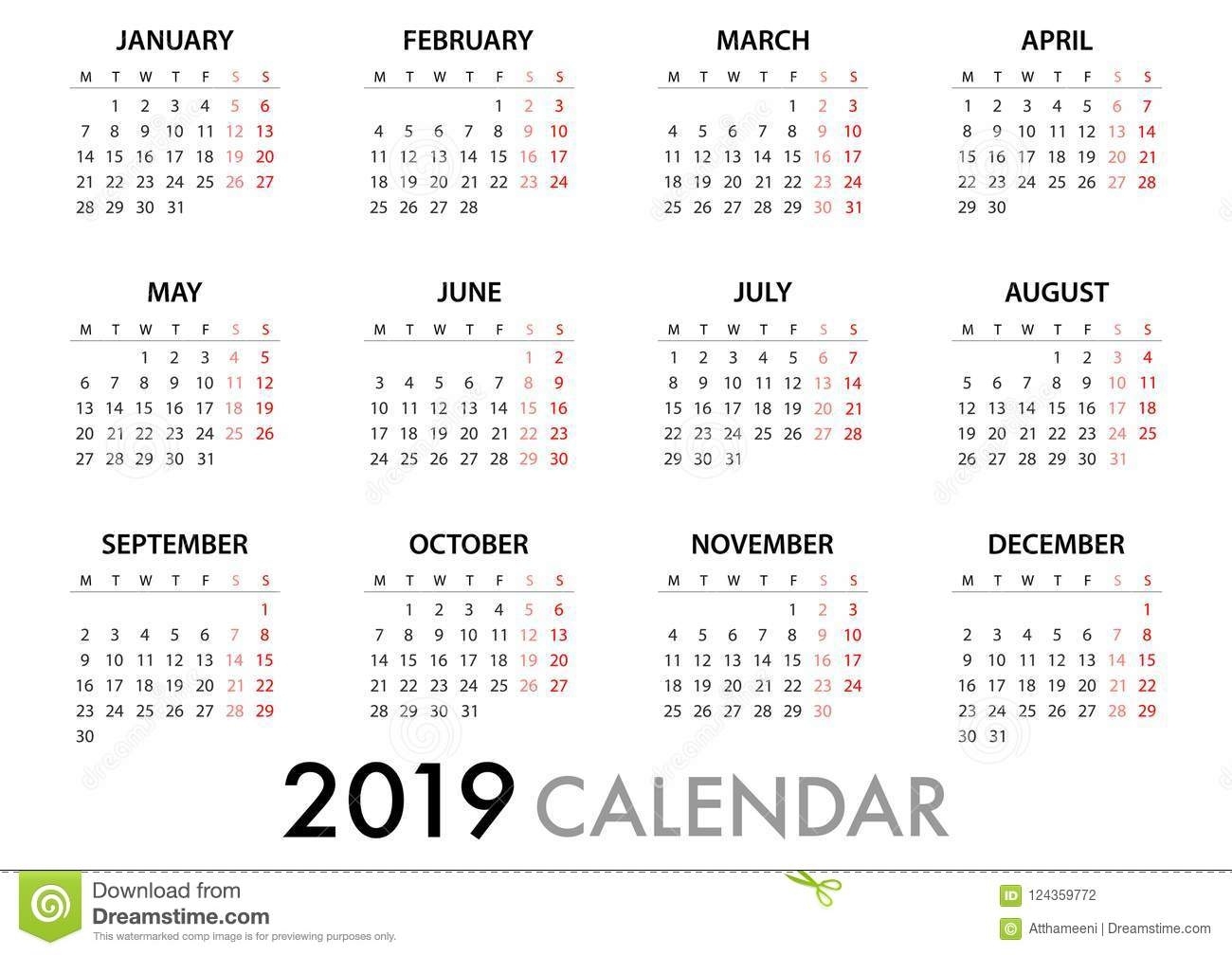 Calendar For 2019 Week Starts Monday. Simple Vector Template Calender To Print With Monday Start Date