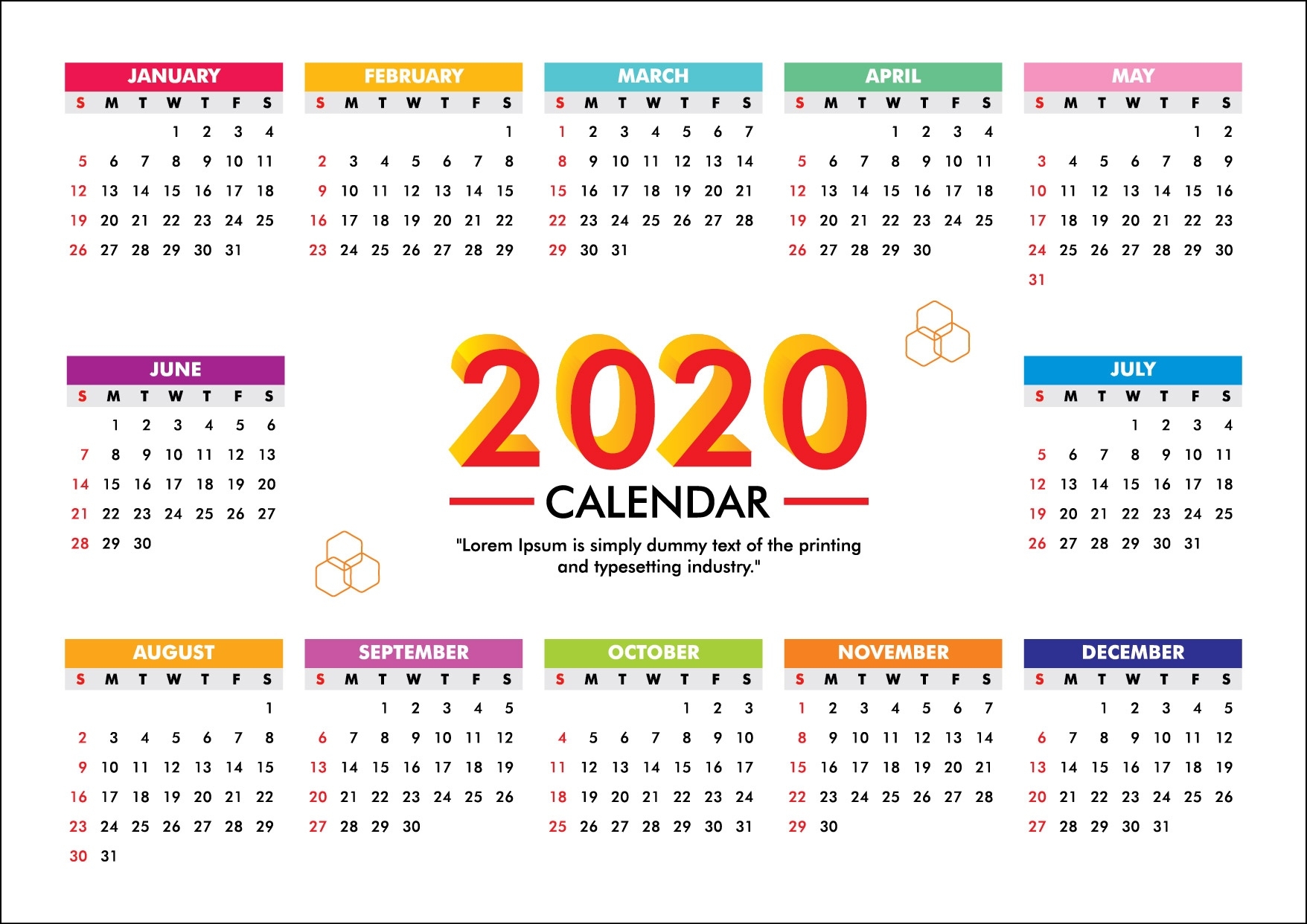 Calendar For 2020 Week Starts Sunday- Free Vector - Graphics Pic Calendar Template 2020 Illustrator Template