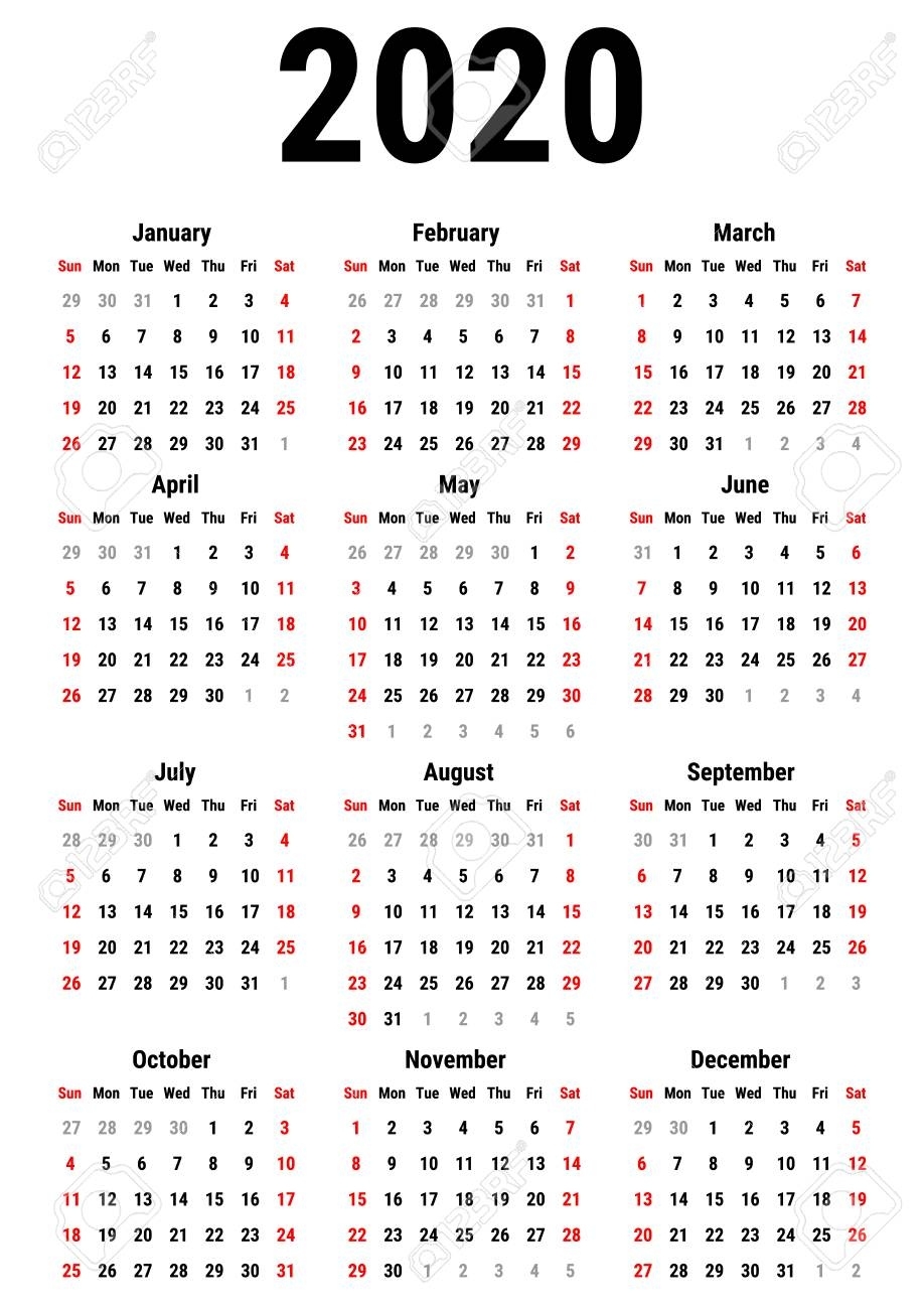 Calendar For 2020 Year On White Background. Week Starts Sunday Remarkable Blank Calendar 2020 Starting On Sunday With Week Numbers
