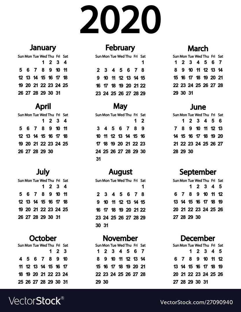 Calendar For Year 2020 On White Black And White 2020 Calendar