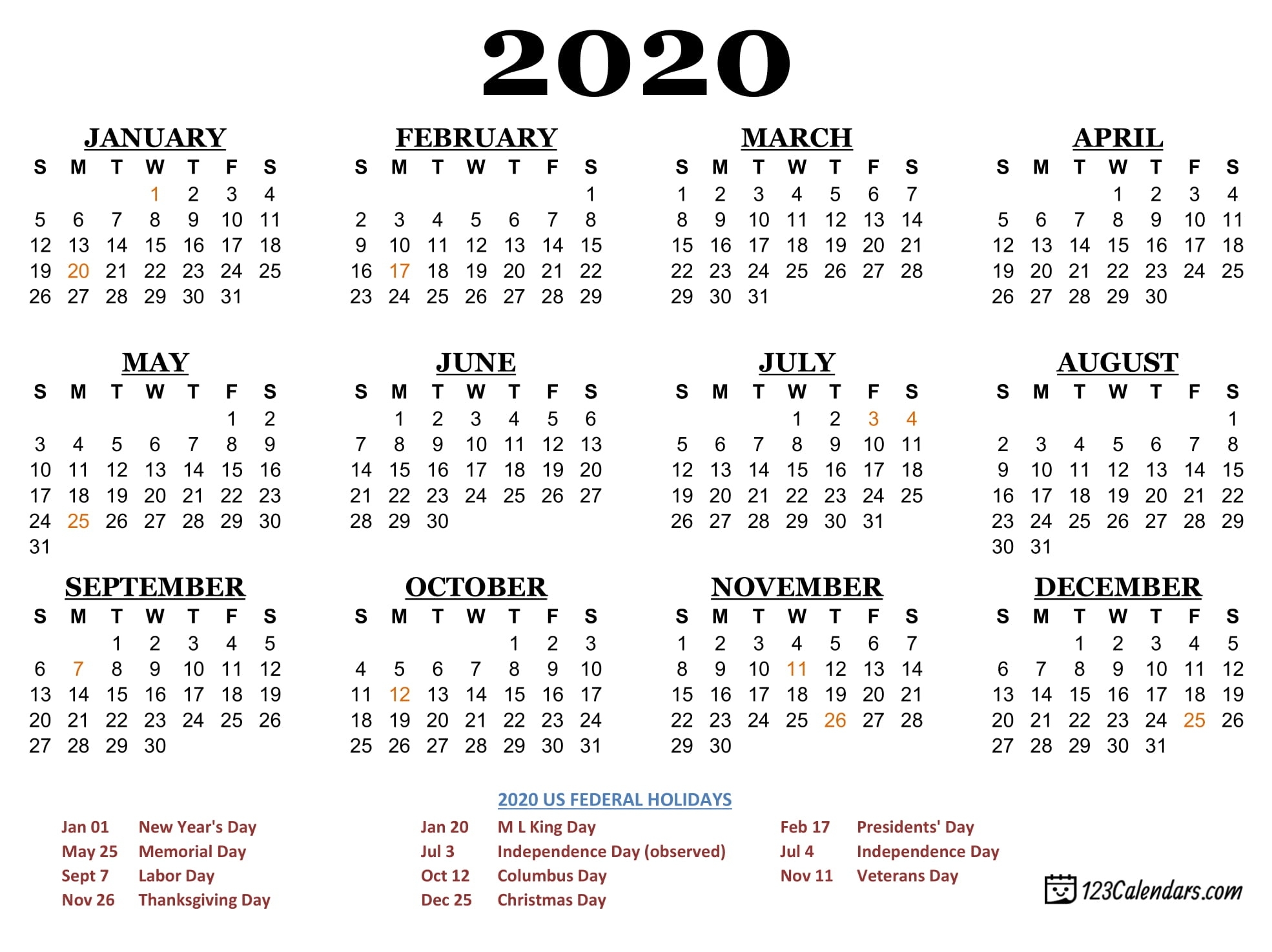 Calendar For Year 2020 Us - Firuse.rsd7 Remarkable Printable 2020 Calendar Showing Federal Holidays