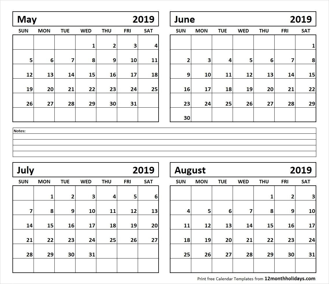 Calendar June-August 2019 | Template Calendar Printable Perky Four Month Calendar Small Printable