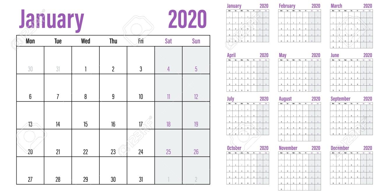 Calendar Planner 2020 Template Vector Illustration All 12 Months.. Calendar Of 2020 Indicating Week Numbers