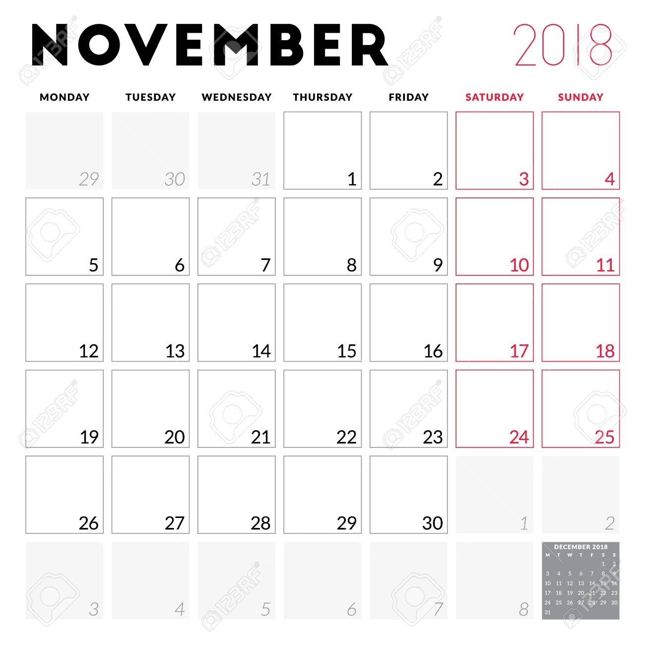 Calendar Planner For November 2018. Week Starts On Monday. Printable.. Printable Calendar Week Starts On Monday