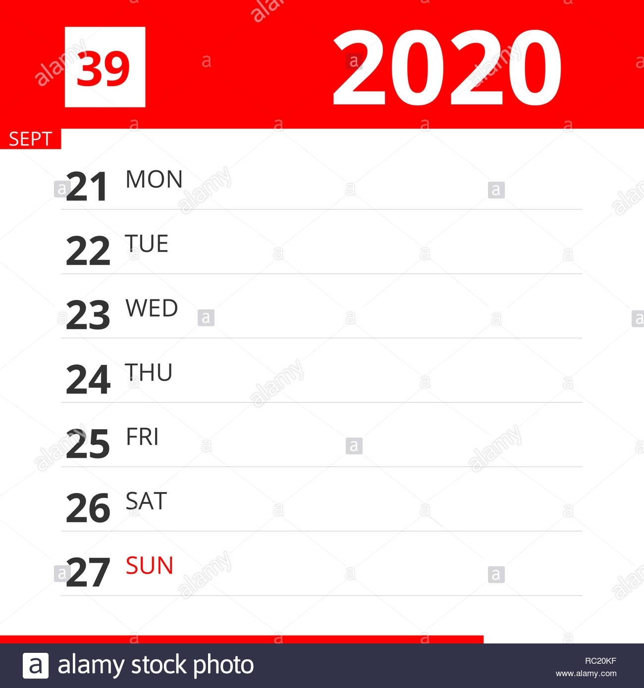 Calendar Planner For Week 39 In 2020, Ends September 27 2020 Calendar Week 39