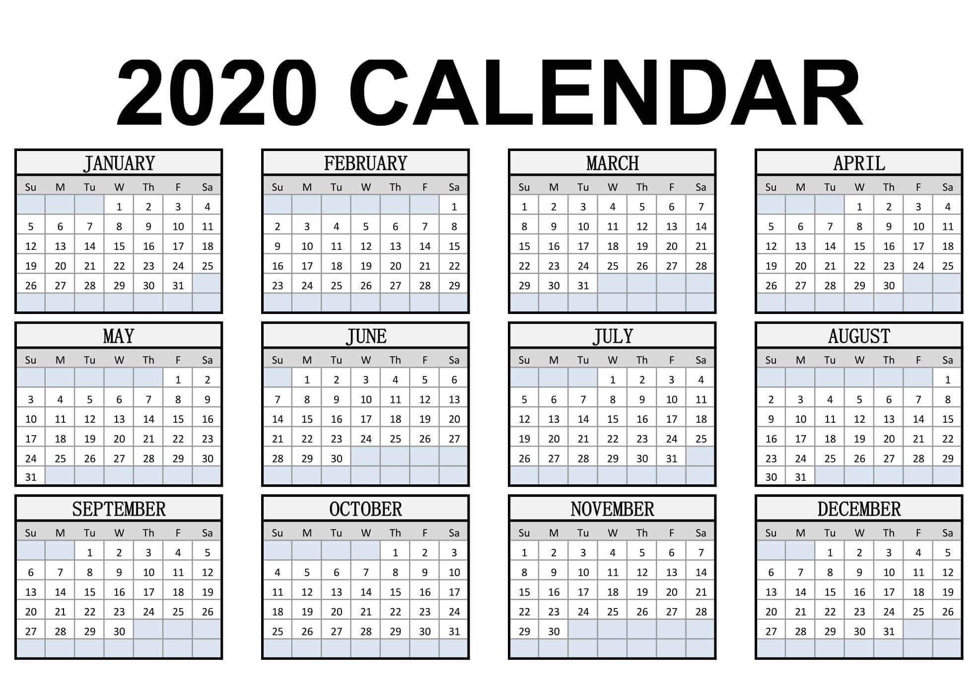 Calendar Year 2020 Holidays Template - 2019 Calendars For 2020 Writeable Year At A Glance Calendar In Excel