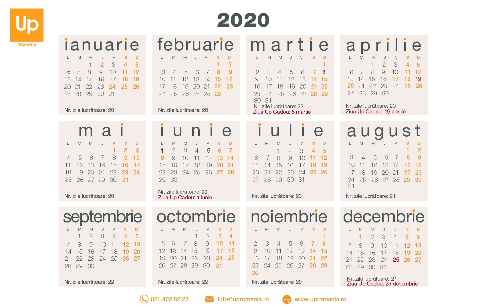 Calendar Zile Lucratoare 2020 | Up Romania Calendar 2020 In Limba Romana