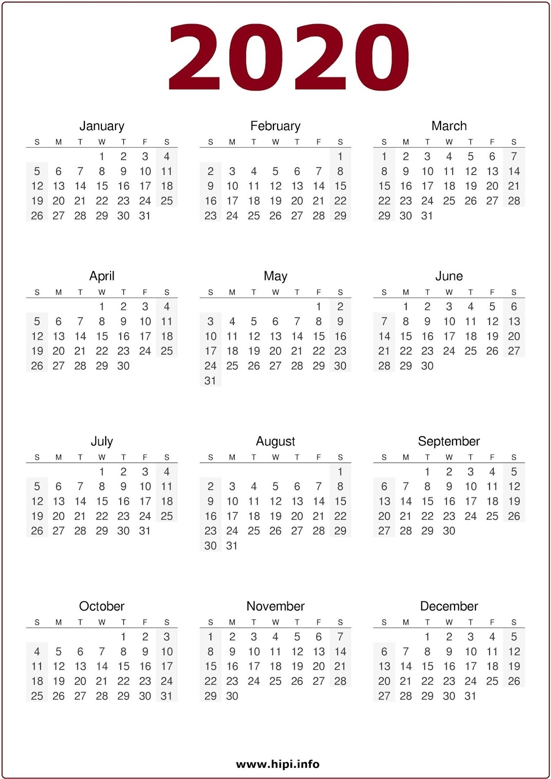 Calendars Printable / Twitter Headers / Facebook Covers 2020 1 Page Calendar