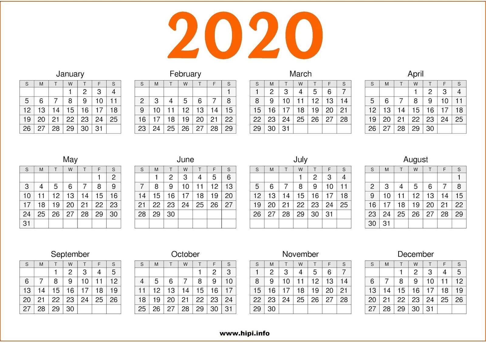 Calendars Printable / Twitter Headers / Facebook Covers Exceptional 2020 Calendar One Page