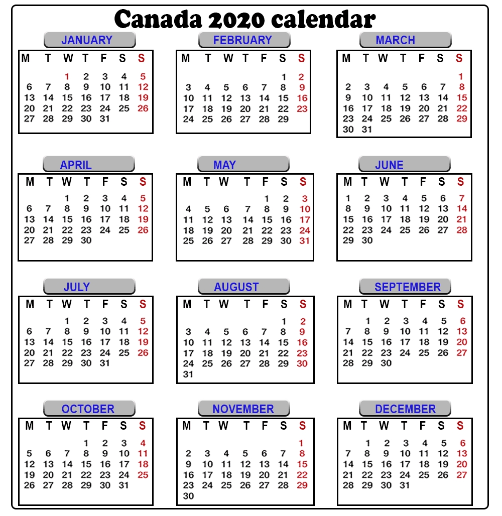 Canada 2020 Printable Calendar With Holidays, Word, Excel Impressive 2020 Calendar Canada Printable