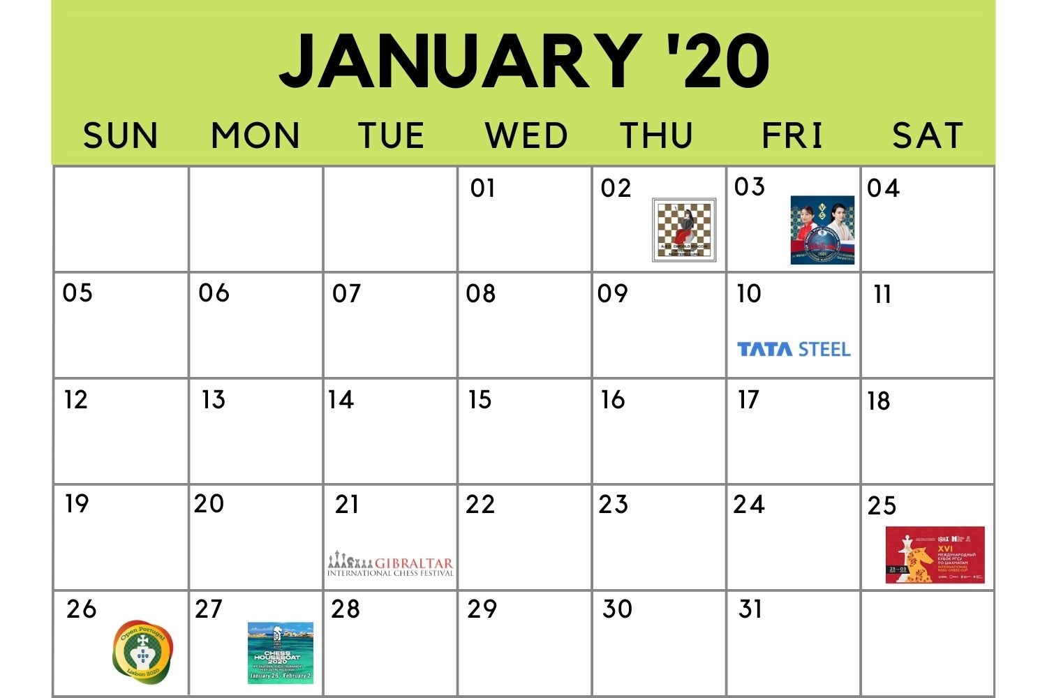 Chess Calendar: January 2020 | Chessbase 2020 Calendar Matches What Year