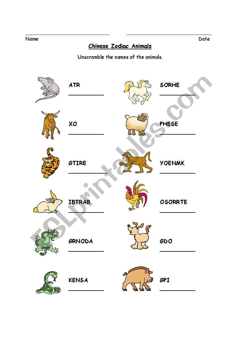 Chinese Zodiac Animal Word Scramble - Esl Worksheet By Mllemaya Printable Chinese Zodiac Sign Worksheet