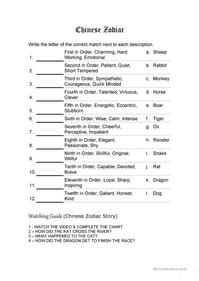 Chinese Zodiac - English Esl Worksheets Incredible Printable Chinese Zodiac Sign Worksheet