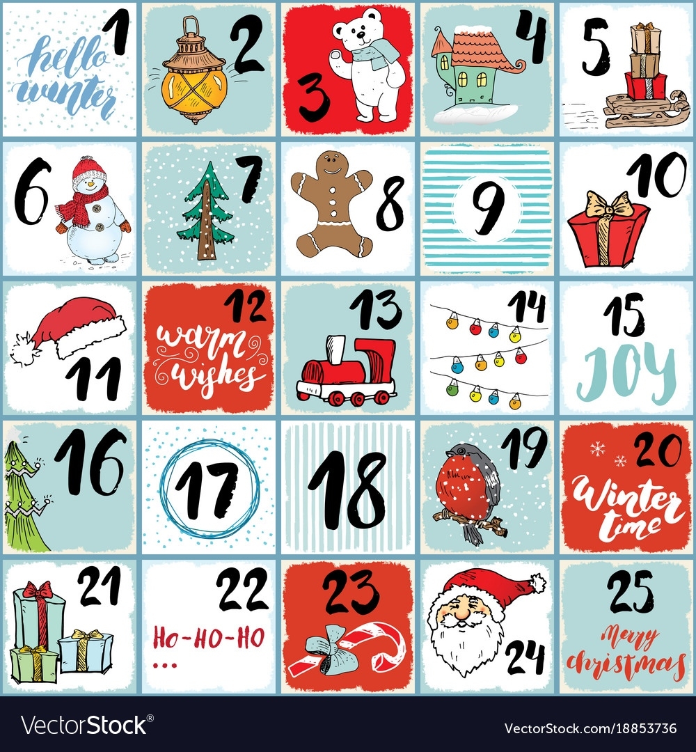 Christmas Advent Calendar Winter Elements Set Printable Christmas Countdown Calendar 2020