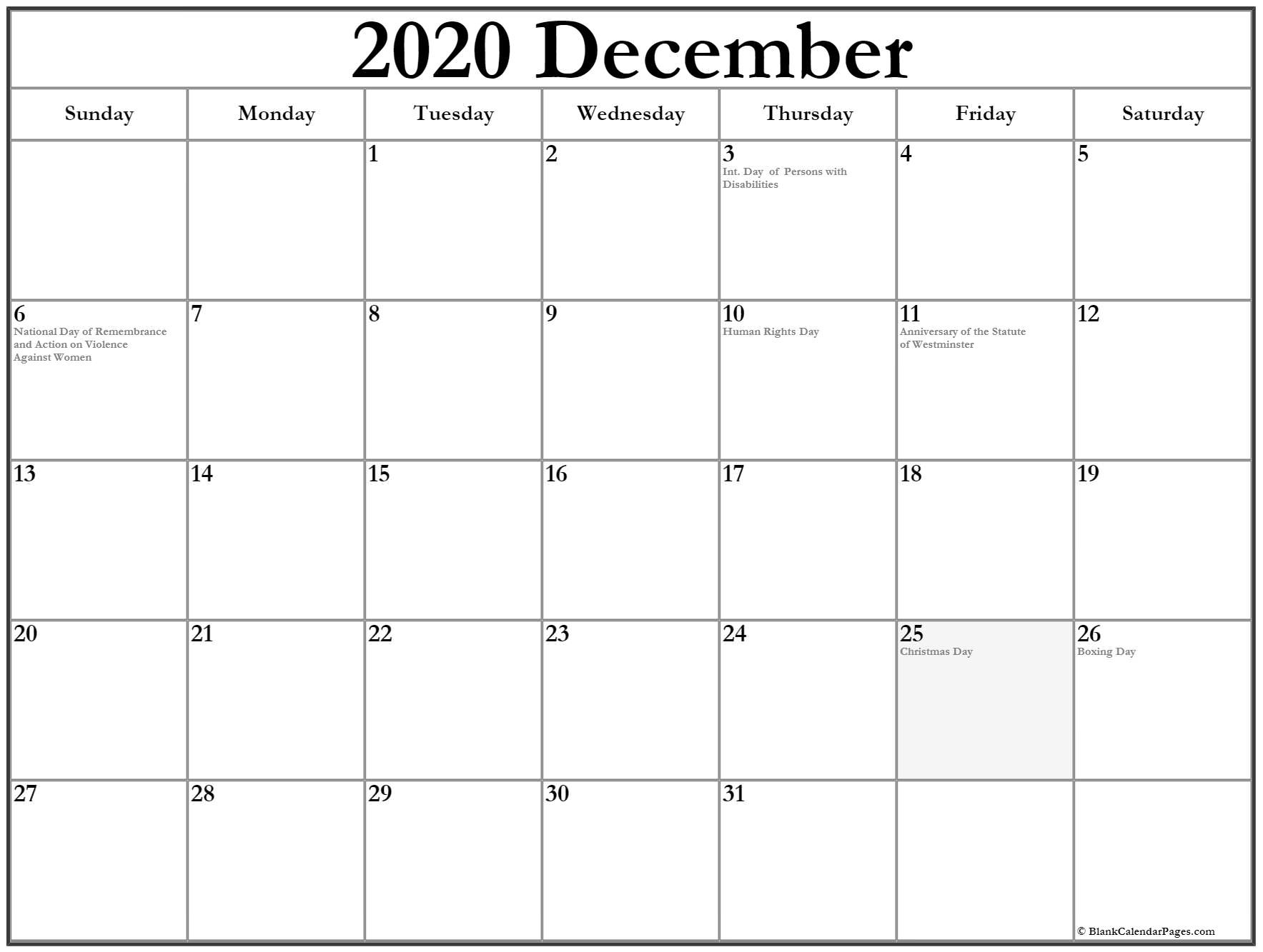 Collection Of December 2020 Calendars With Holidays Incredible December 2020 Calendar Boxing Day
