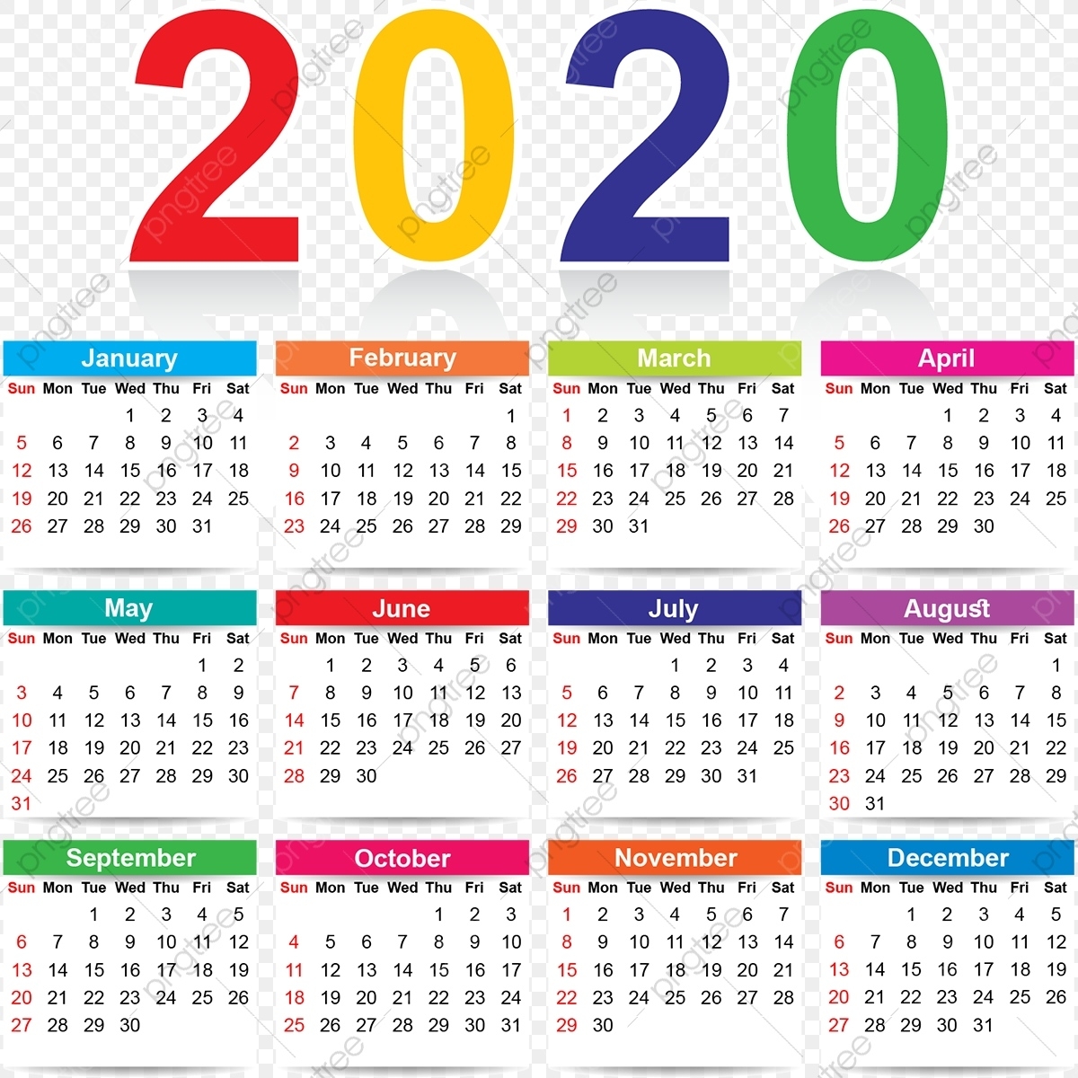 Colorful 2020 Calendar, Colorful, Colorful Calendar 2020 Calendar Free Vector