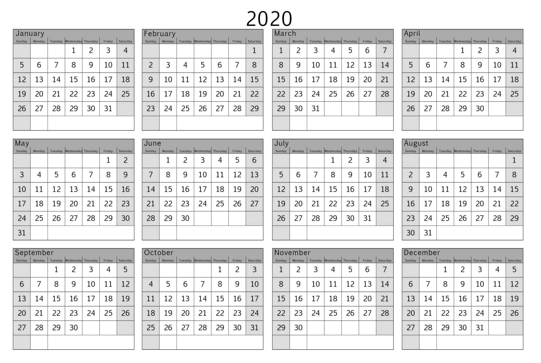 Colorful Yearly Calendar Template With Notes 2020 Word - Set Exceptional 2020 Year At A Glance Free Printable Calendar