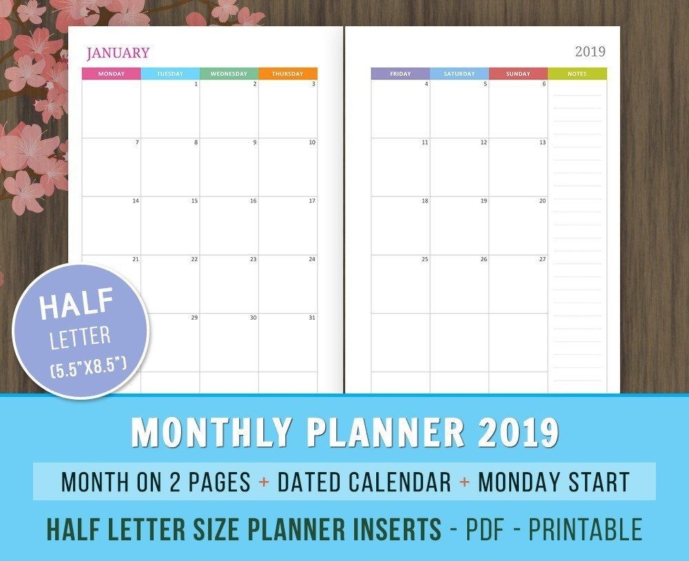 Dated Monthly Planner Calendar 2019, Inserts, Mo2P, Calendar Printable 5.5 X 8 Calanders