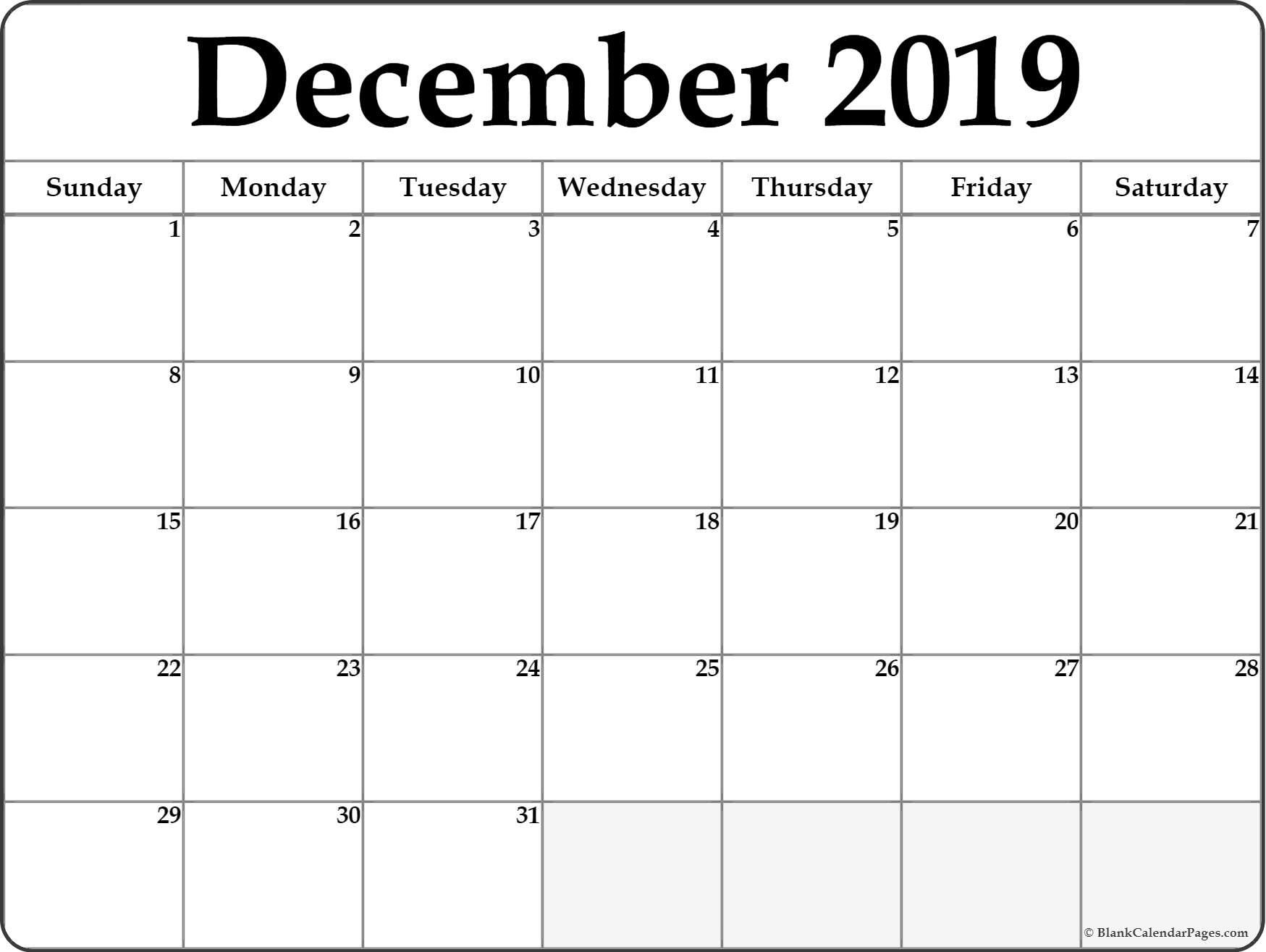 December 2019 Calendar | Free Printable Monthly Calendars Incredible Calendar Printable Black And White
