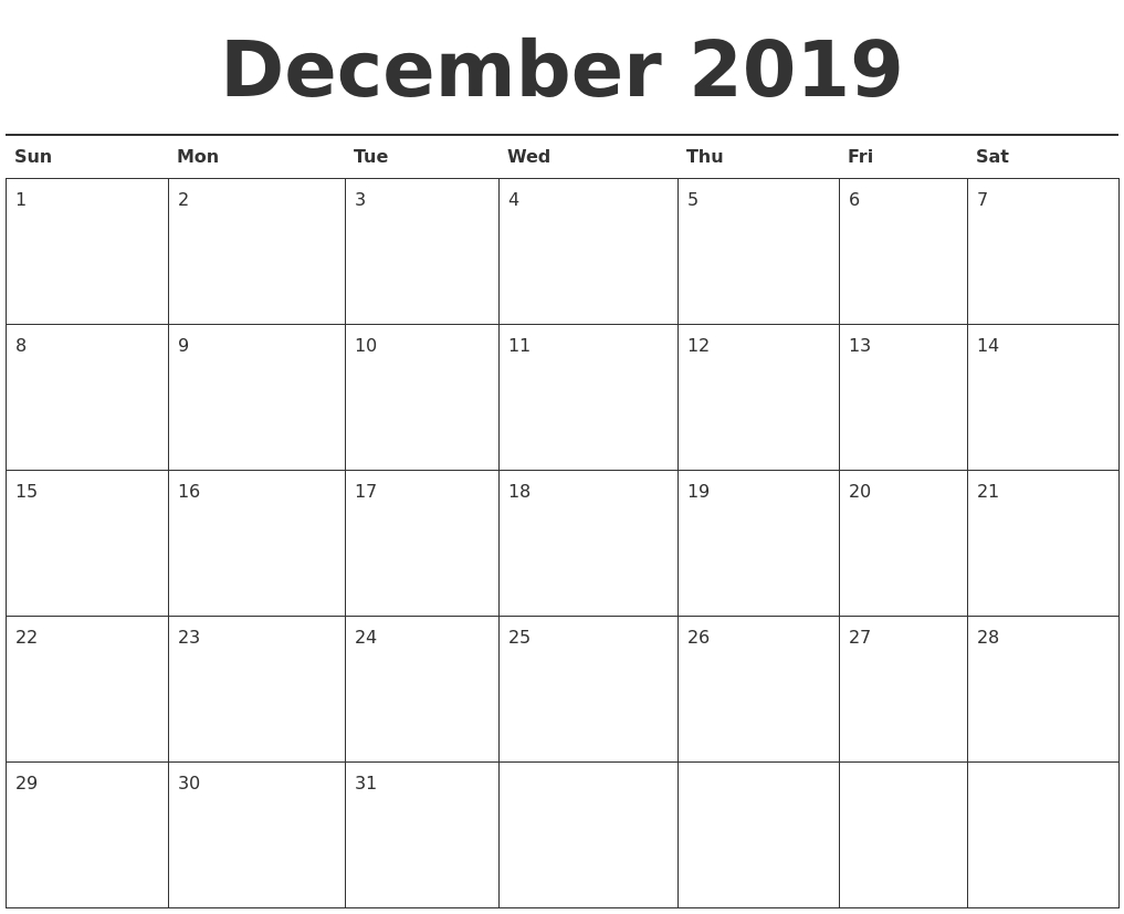 December 2019 Calendar Printable Pdf | Monthly Calendar Printable Blank Monthly Calendar Template 2020