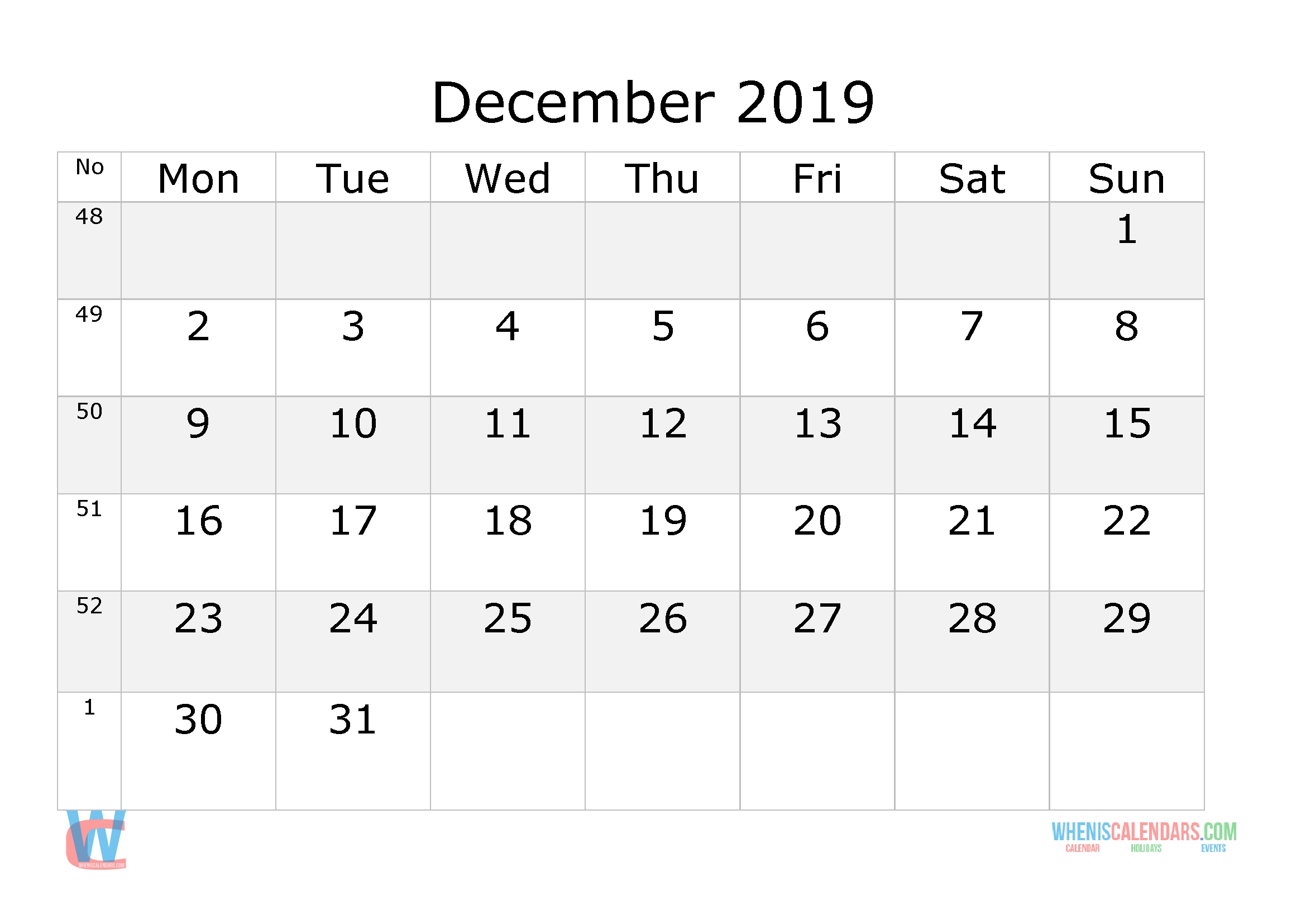 December 2019 Calendar With Week Numbers Printable, Start By Month Calendar Starting On Monday