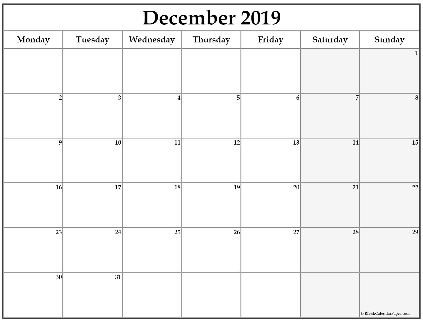 December 2019 Monday Calendar | Monday To Sunday Blank Calendar Starting On Monday