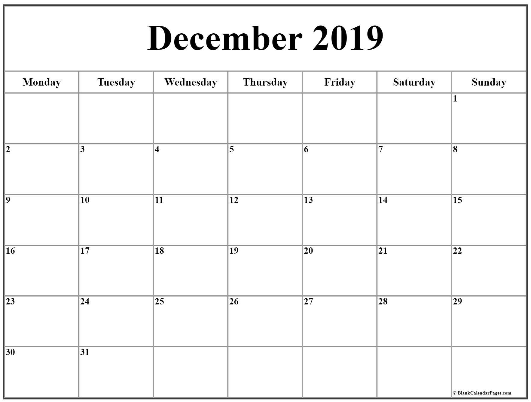 December 2019 Monday Calendar | Monday To Sunday Blank Calendar With Monday Start