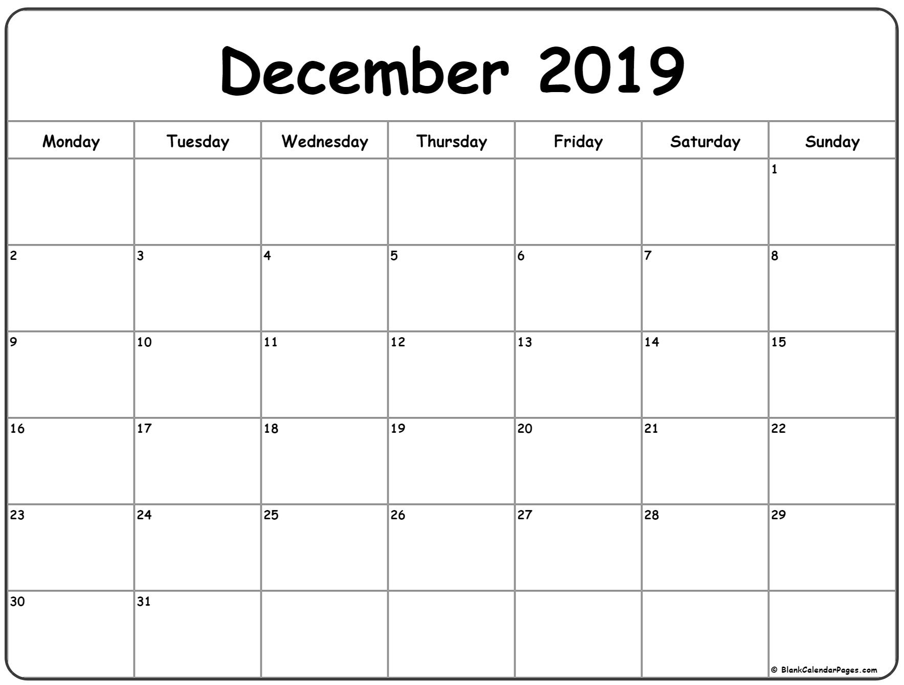 December 2019 Monday Calendar | Monday To Sunday Exceptional Blank Calendar Starting On Monday