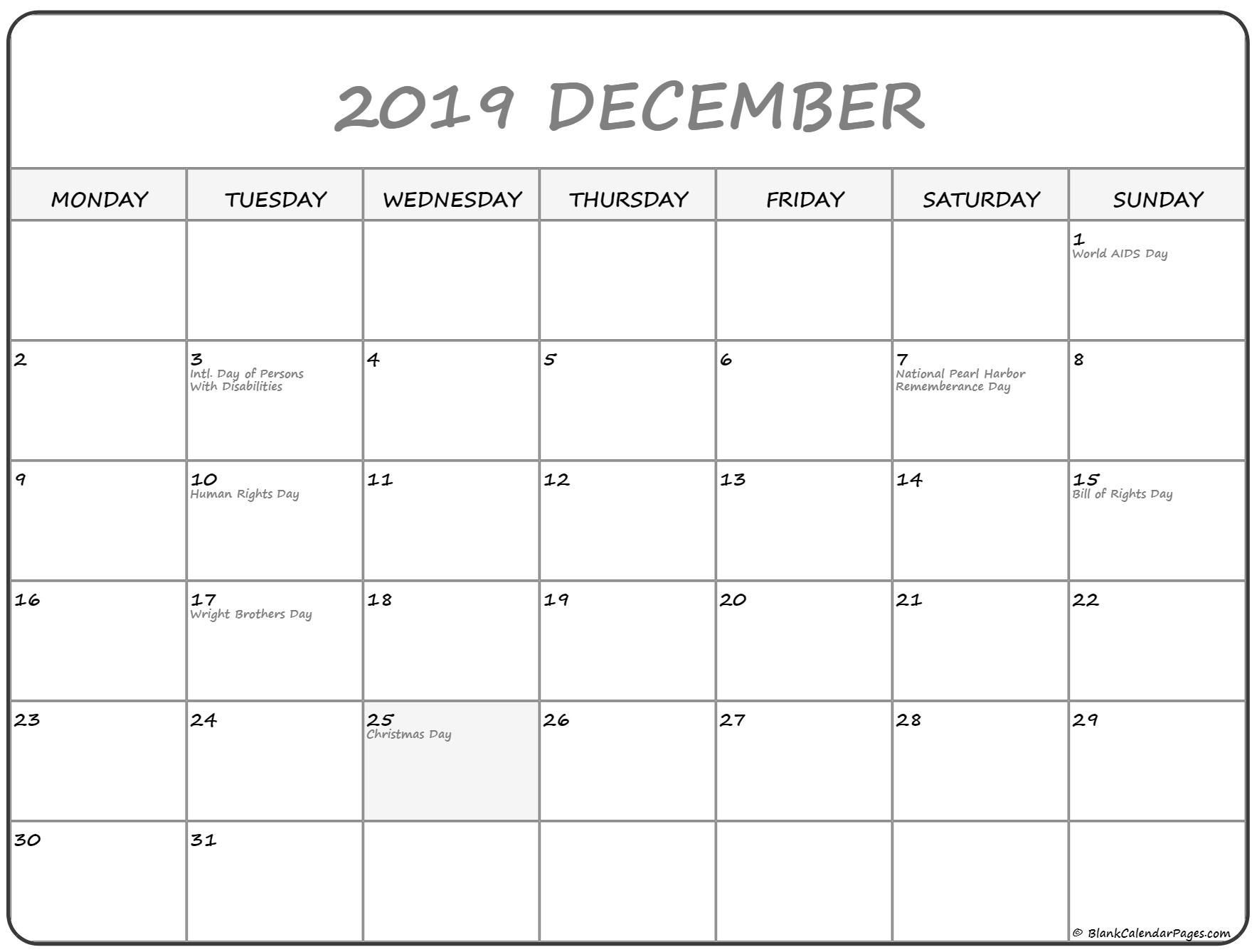 December 2019 Monday Calendar | Monday To Sunday Extraordinary Monday To Sunday Calendar To Fiull In