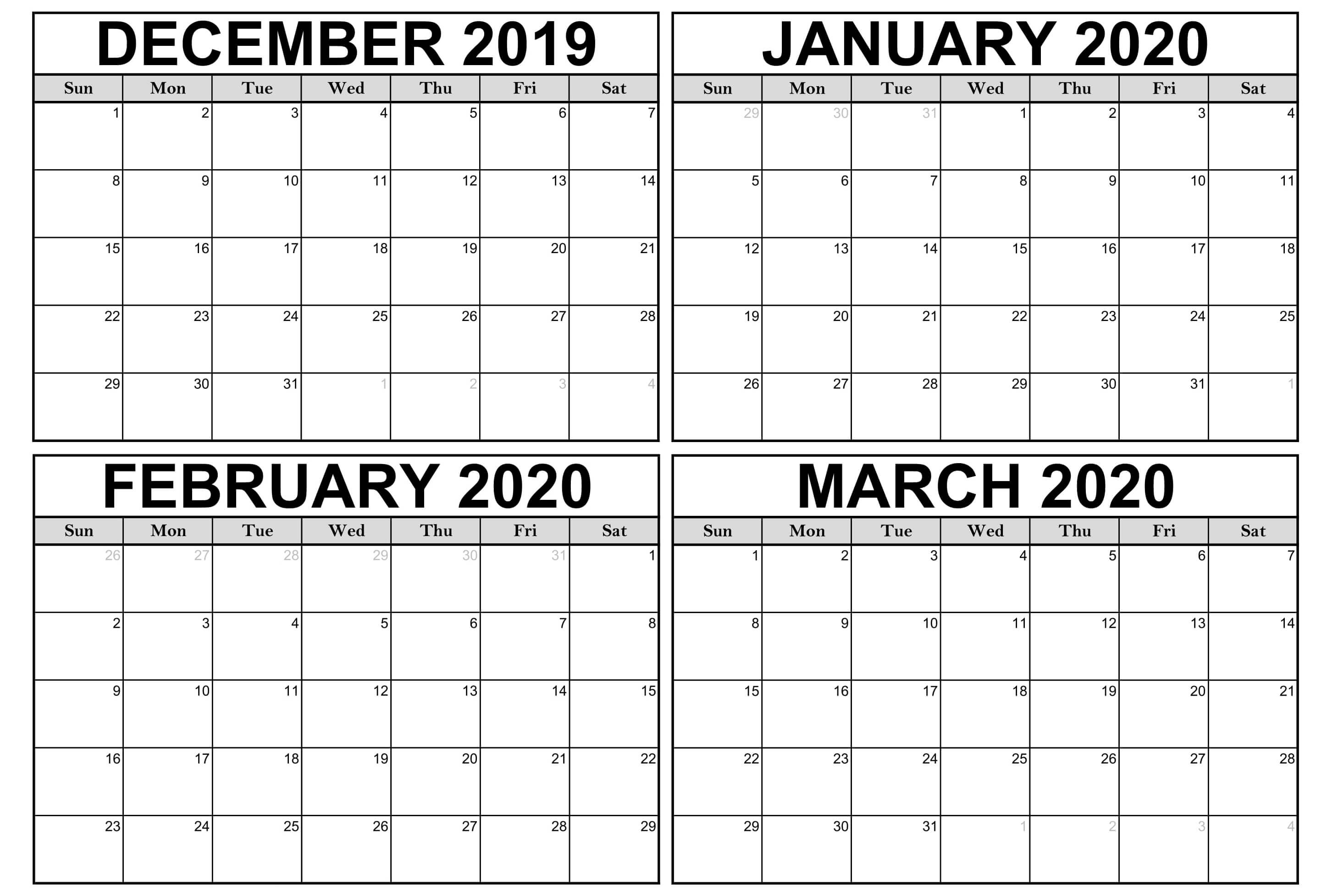 December 2019 To March 2020 Calendar Sheets - 2019 Calendars Perky 2020 Calendar 4 Months Per Page Printable