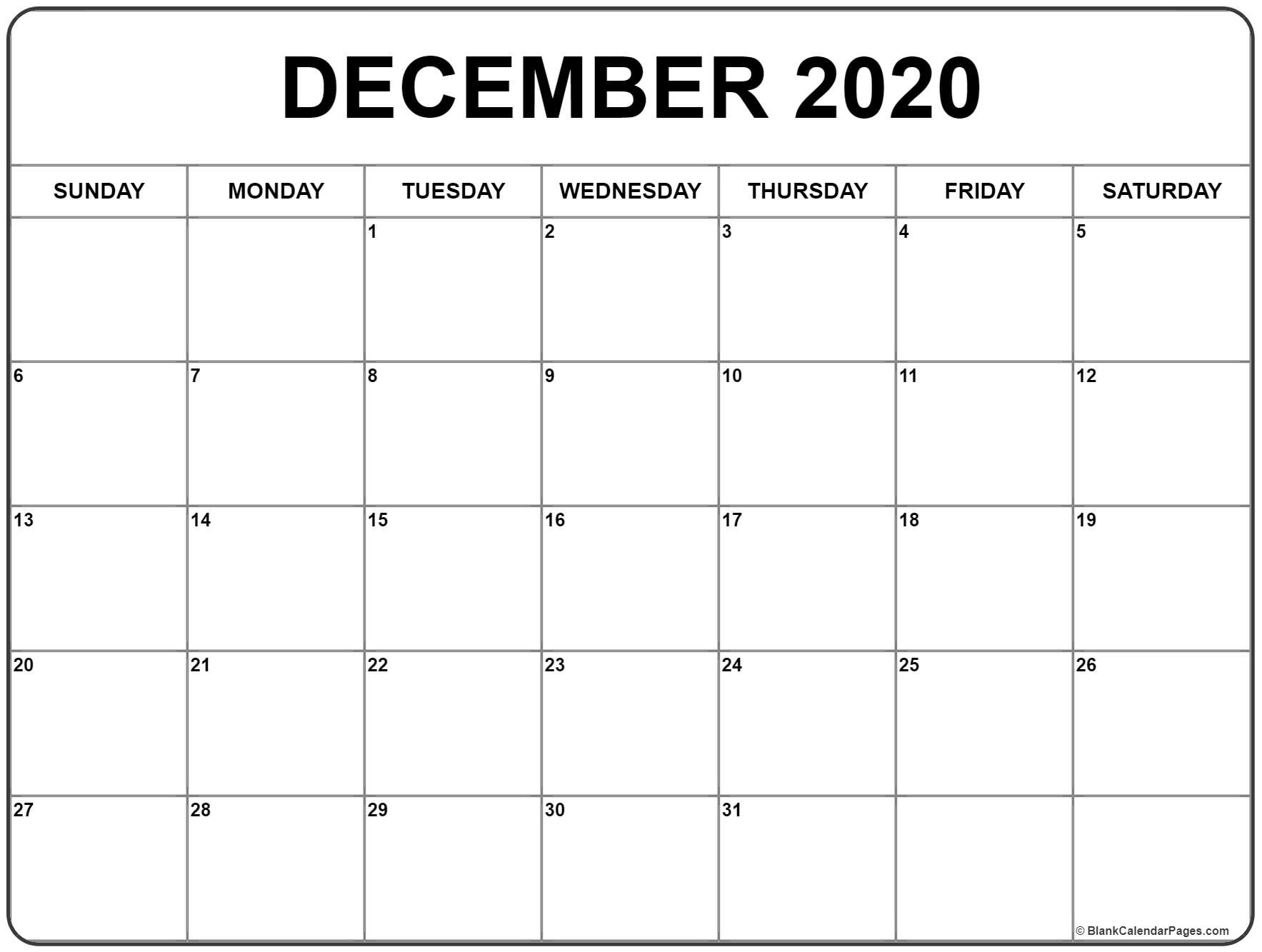 December 2020 Calendar | Free Printable Monthly Calendars December 2020 Calendar List Format