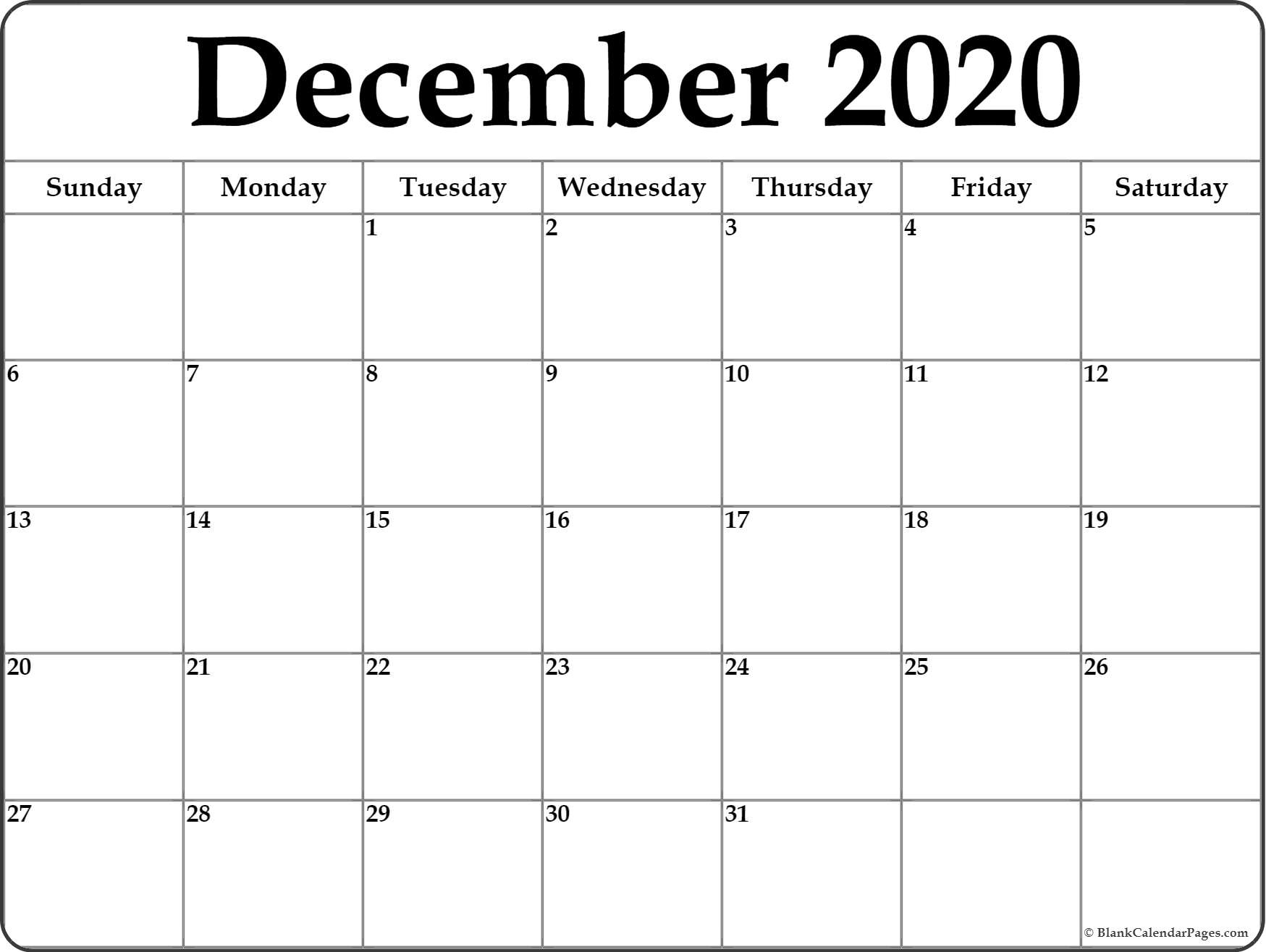 December 2020 Calendar | Free Printable Monthly Calendars December 2020 Calendar List Format