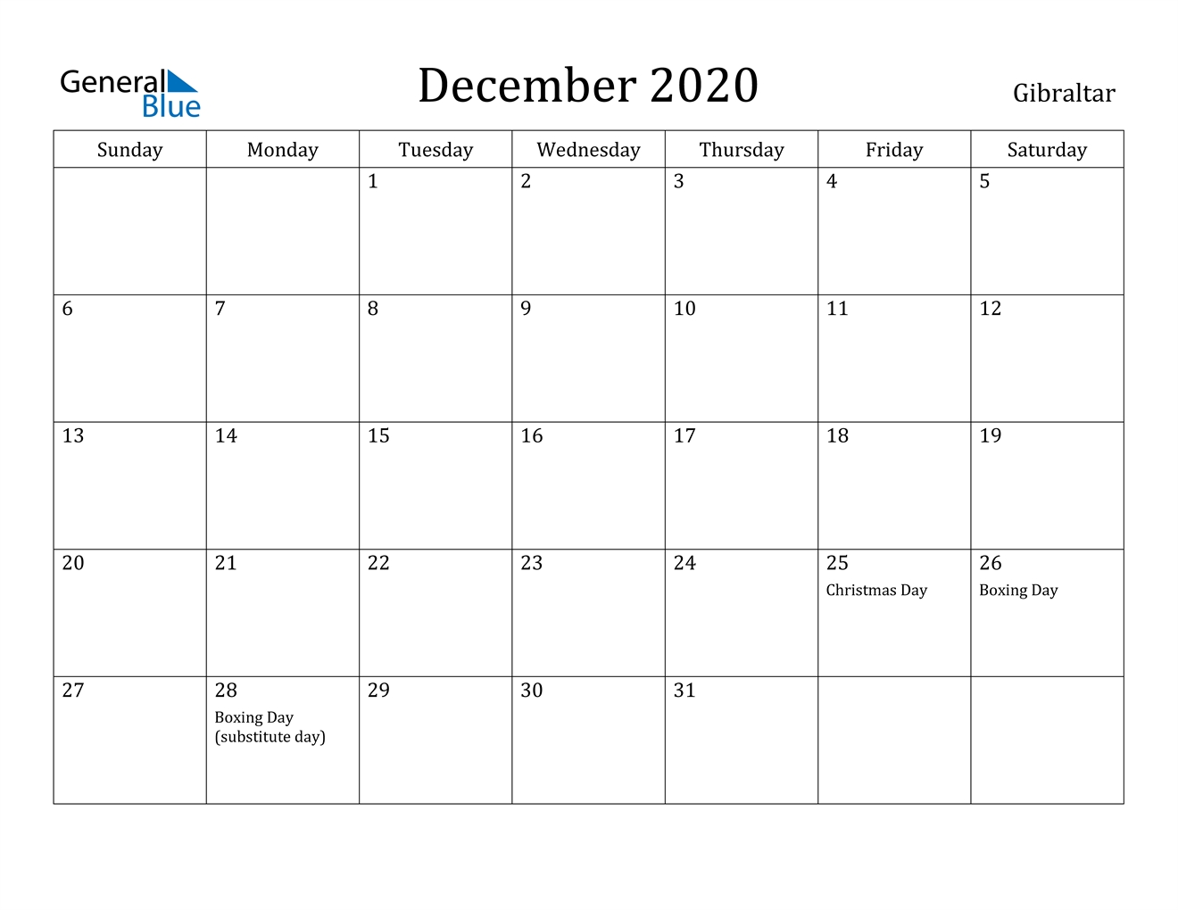December 2020 Calendar - Gibraltar December 2020 Calendar Boxing Day