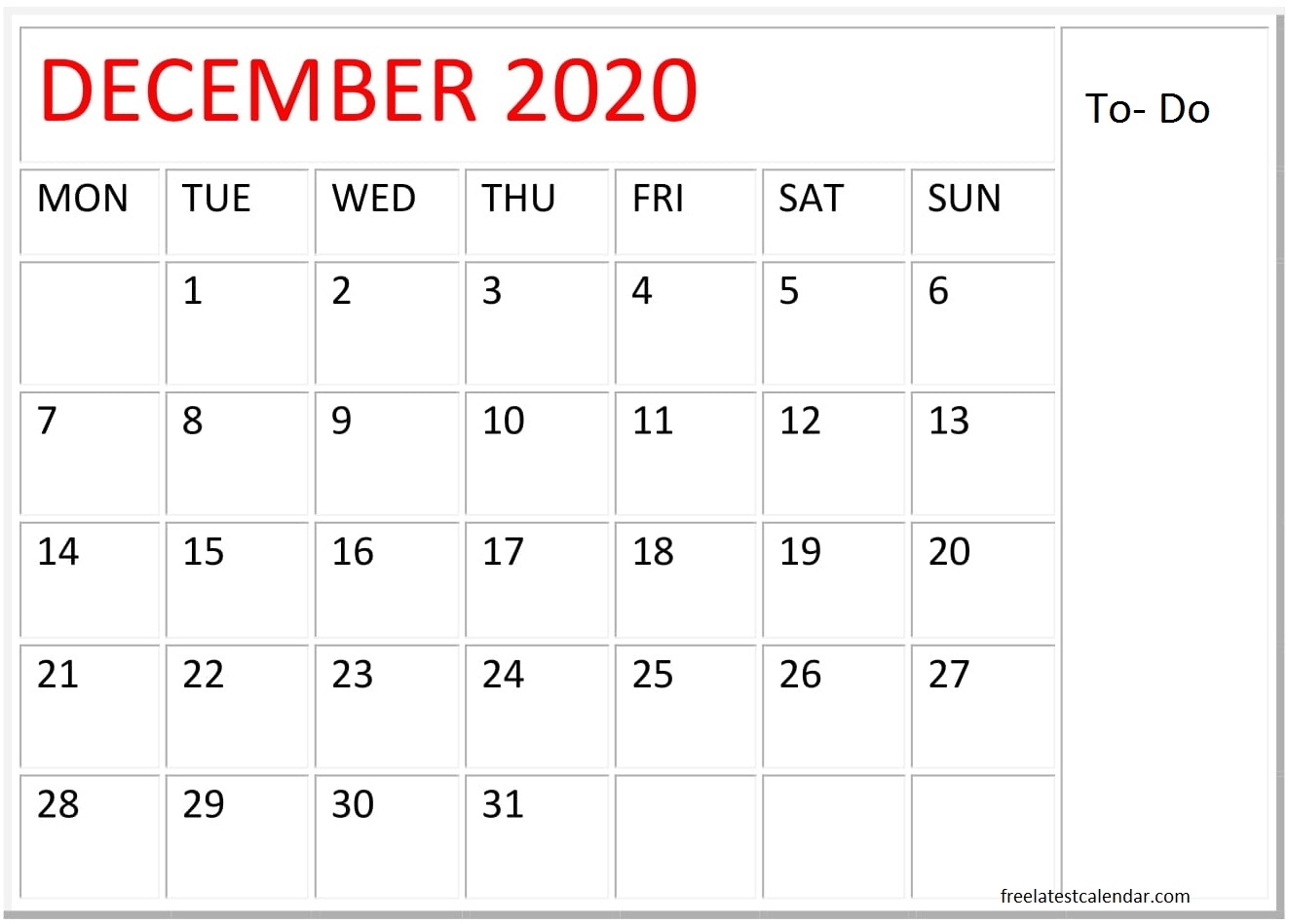 December 2020 Calendar Template Monthly Design – Free Latest December 2020 Calendar List Format