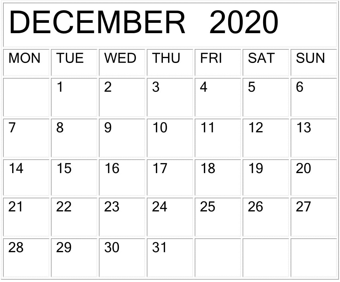 December 2020 Calendar Word Template – Free Latest Calendar December 2020 Calendar List Format