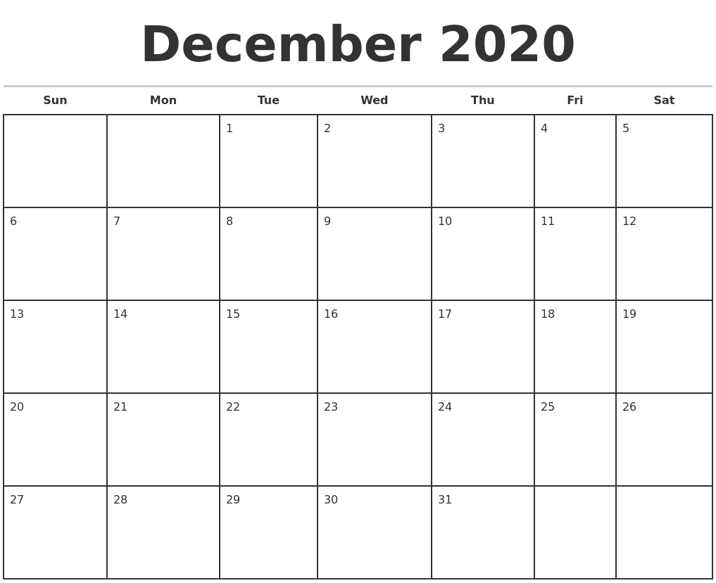 December 2020 Monthly Calendar Template 2020 Monthly Calendar Template Word