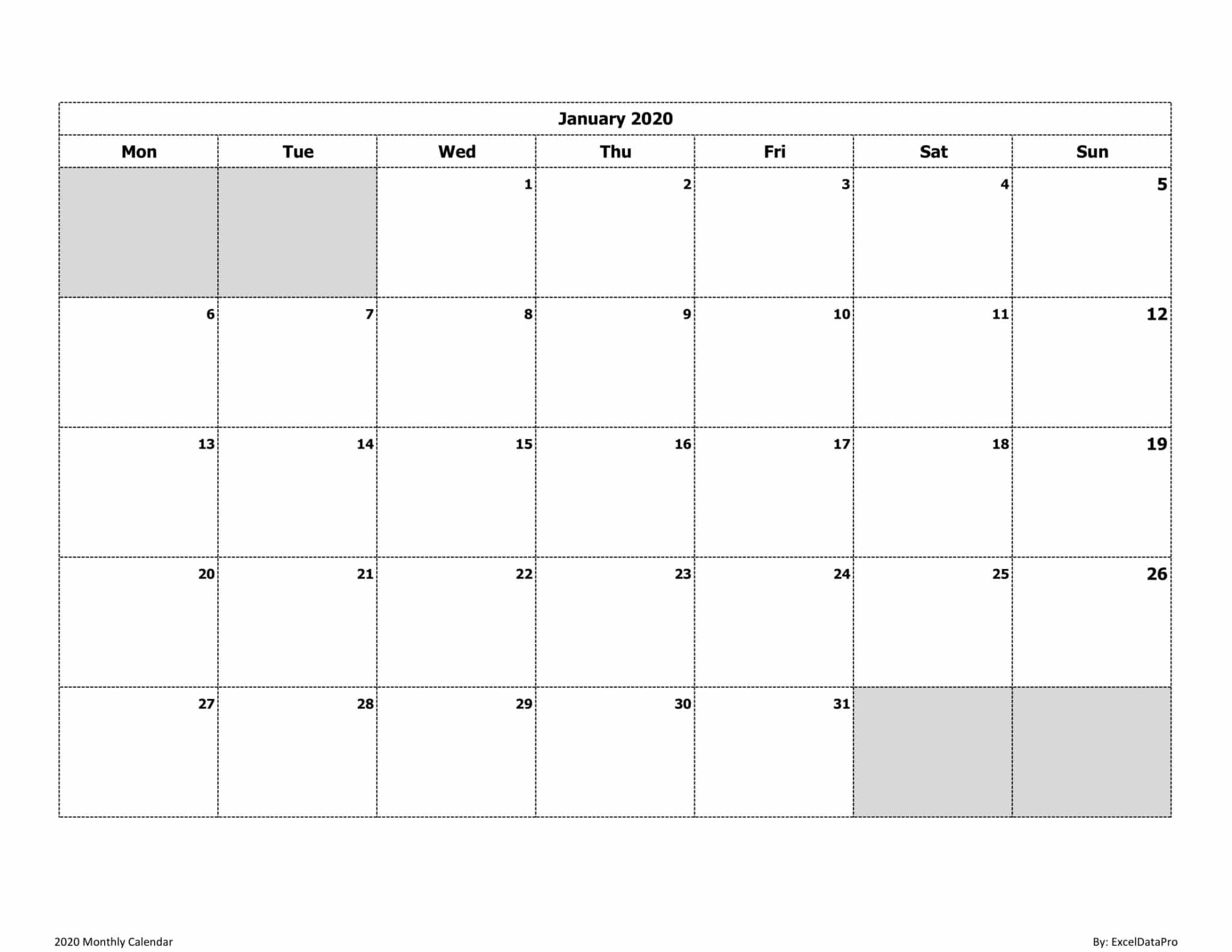 Download 2020 Monthly Calendar (Mon Start) Ink Saver Excel Monthly Calendar Starting On Monday