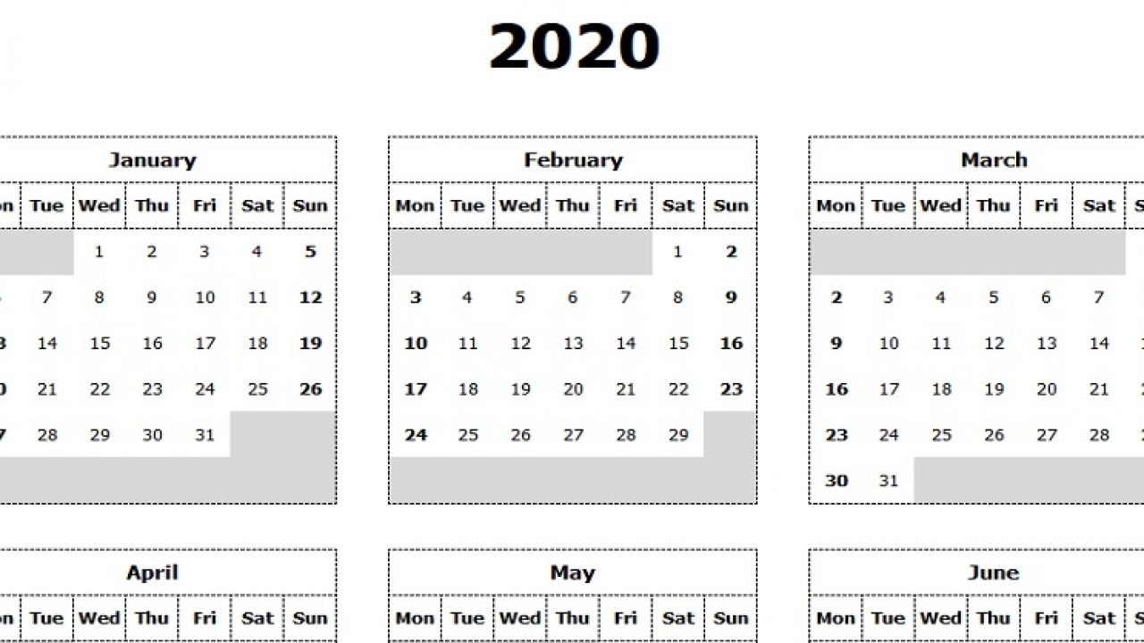 Download 2020 Yearly Calendar (Mon Start) Excel Template Excel Calendar Template That Starts Week On Monday