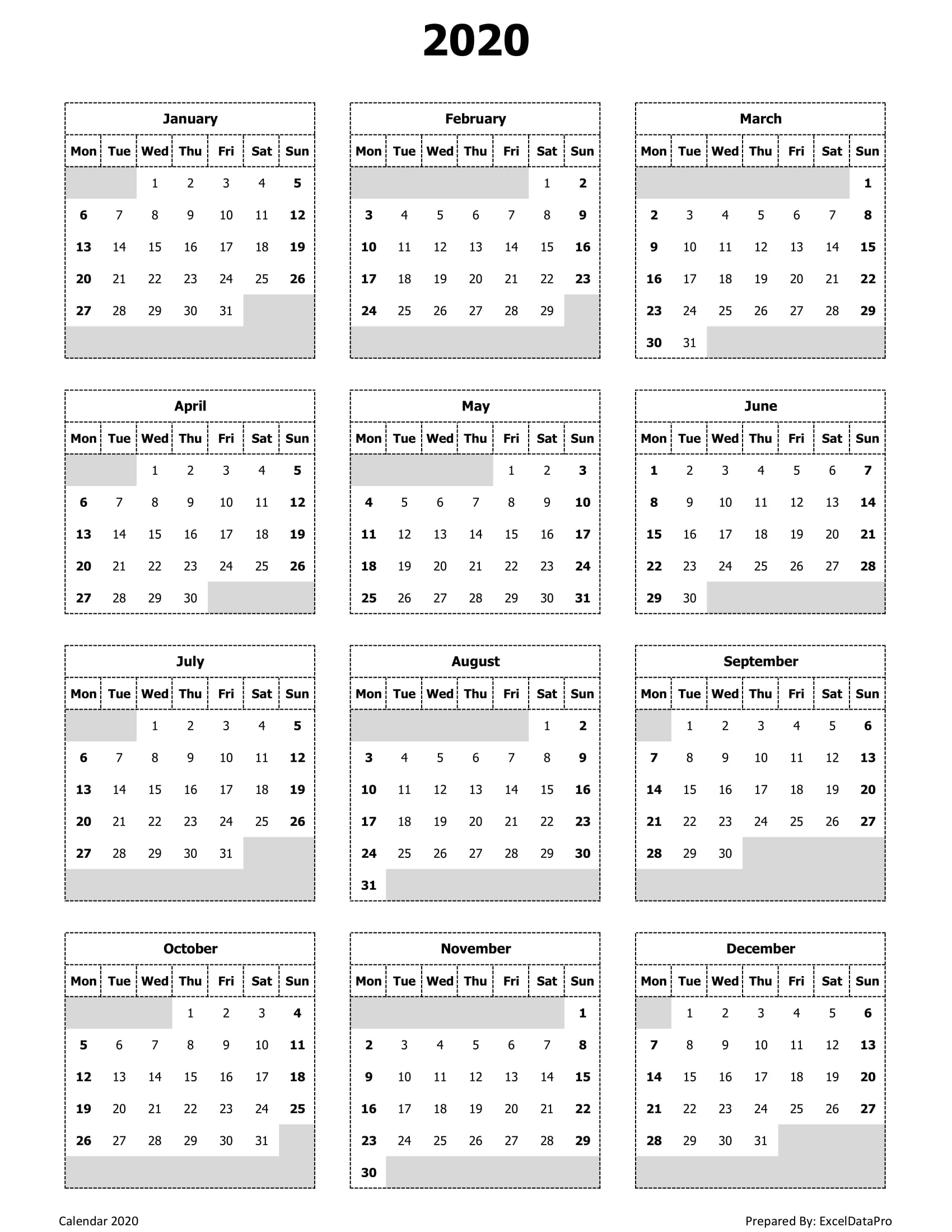 Download 2020 Yearly Calendar (Mon Start) Excel Template Exceptional Yearly Printable Calendar Monday Start