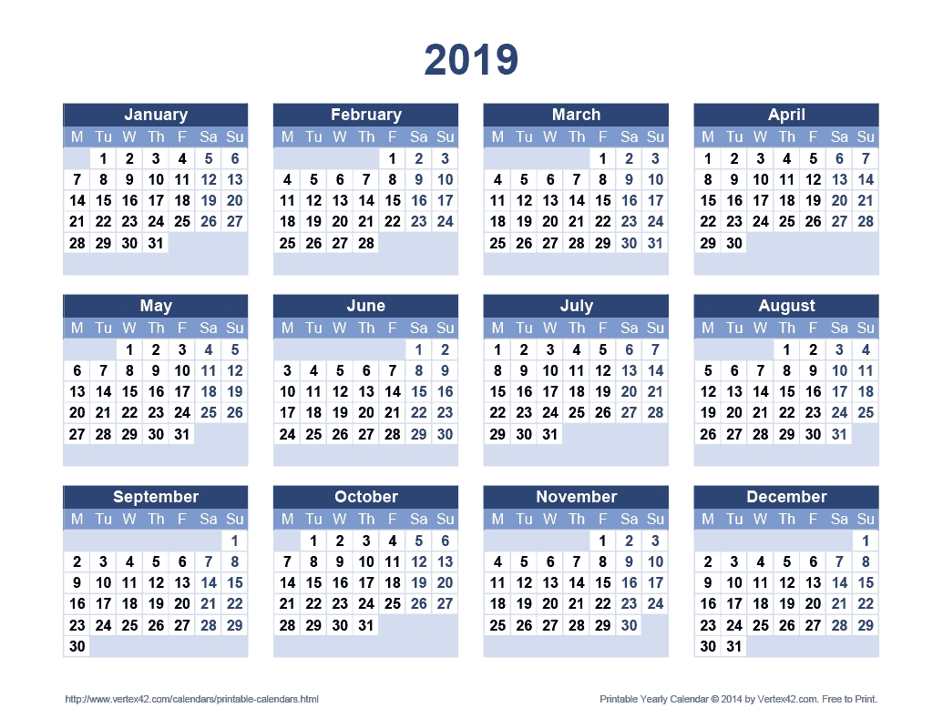 Download A Free Printable 2019 Yearly Calendar From Vertex42 Impressive Calendar Templates By Vertex42 Https://www.vertex42.com/calendars/