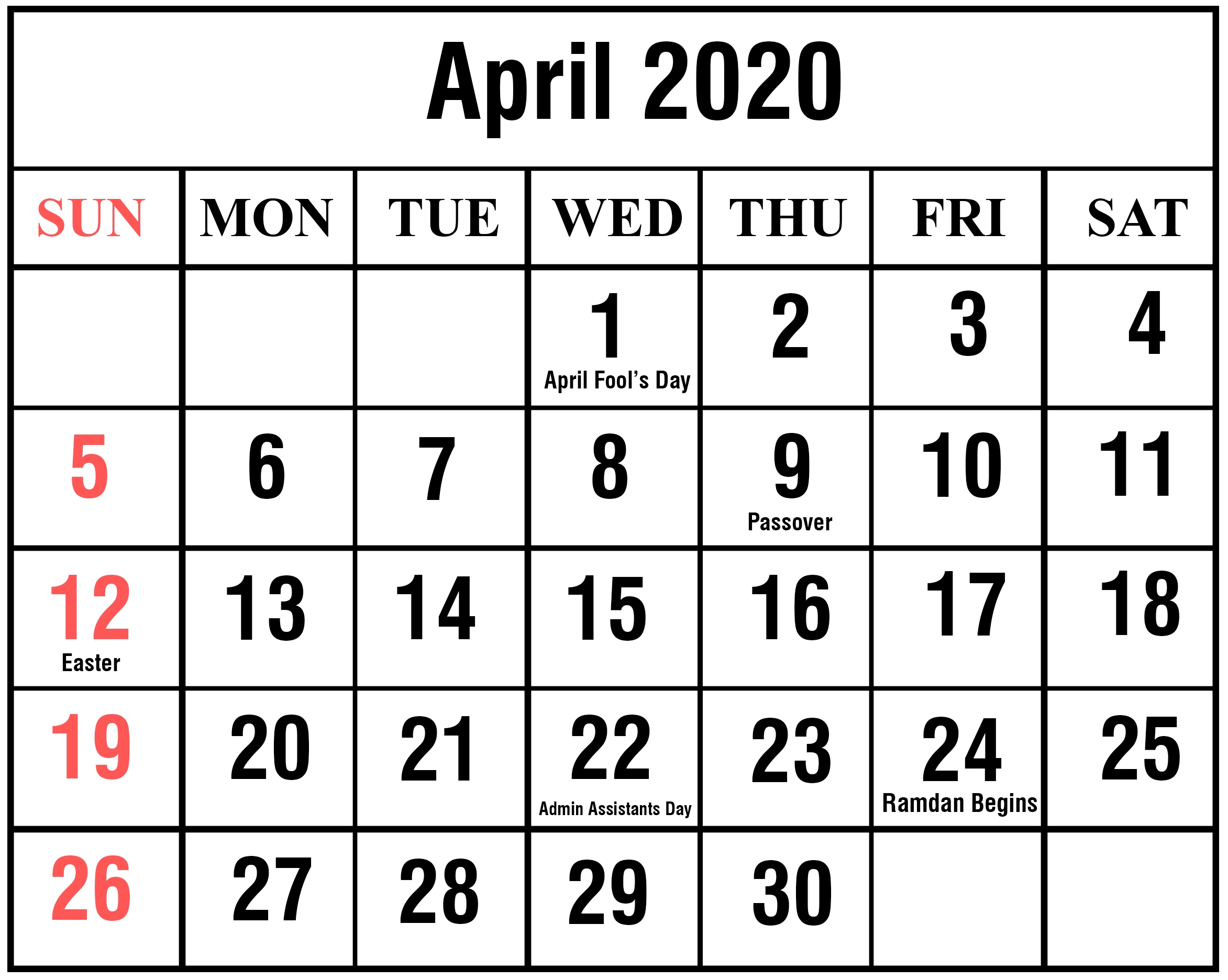 Download April 2020 Calendar Printable Templates {Pdf, Excel Passover 2020 Calendar Date